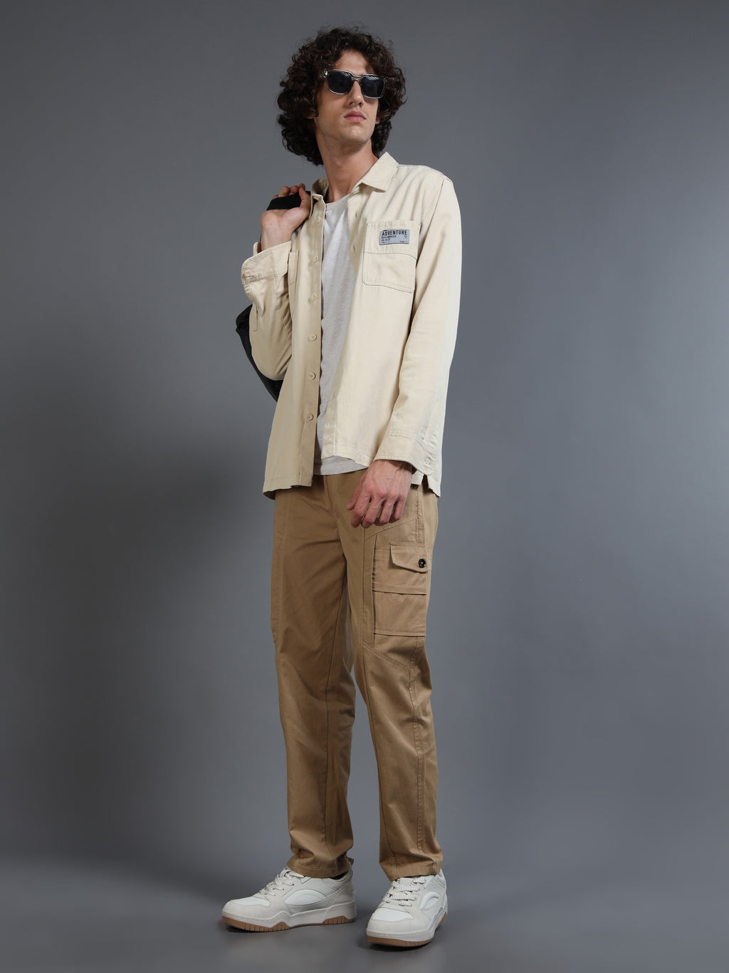 Men Slim Fit Beige Cargo Trousers