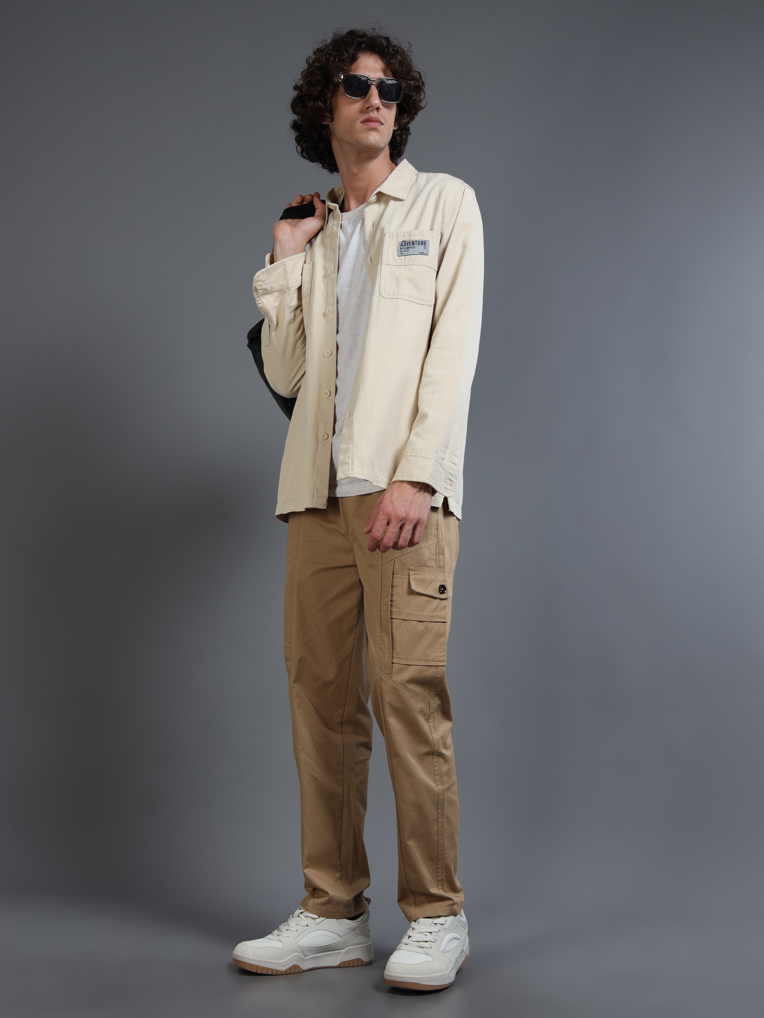 Men Slim Fit Beige Cargo Trousers