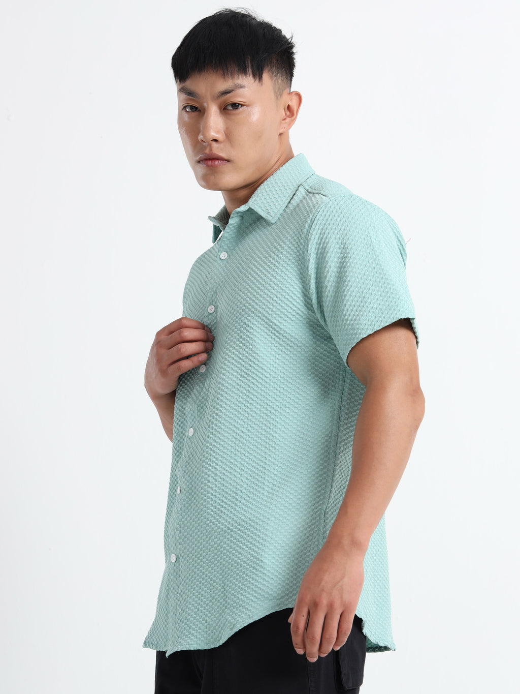 Men's Mint Green Geometric Textured Short Sleeve Casual Shirt