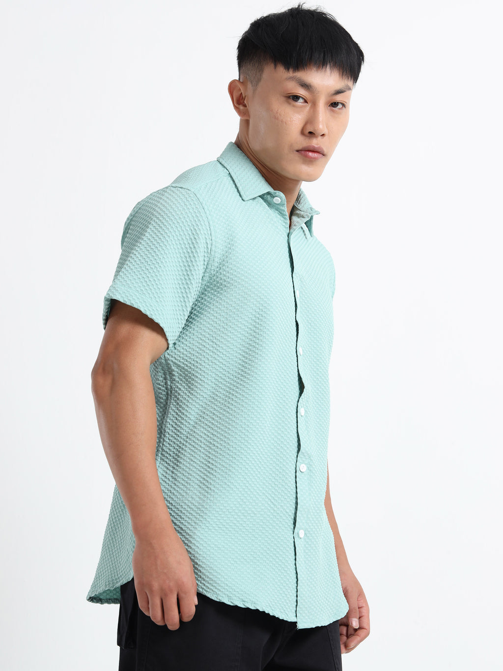 Men's Mint Green Geometric Textured Short Sleeve Casual Shirt