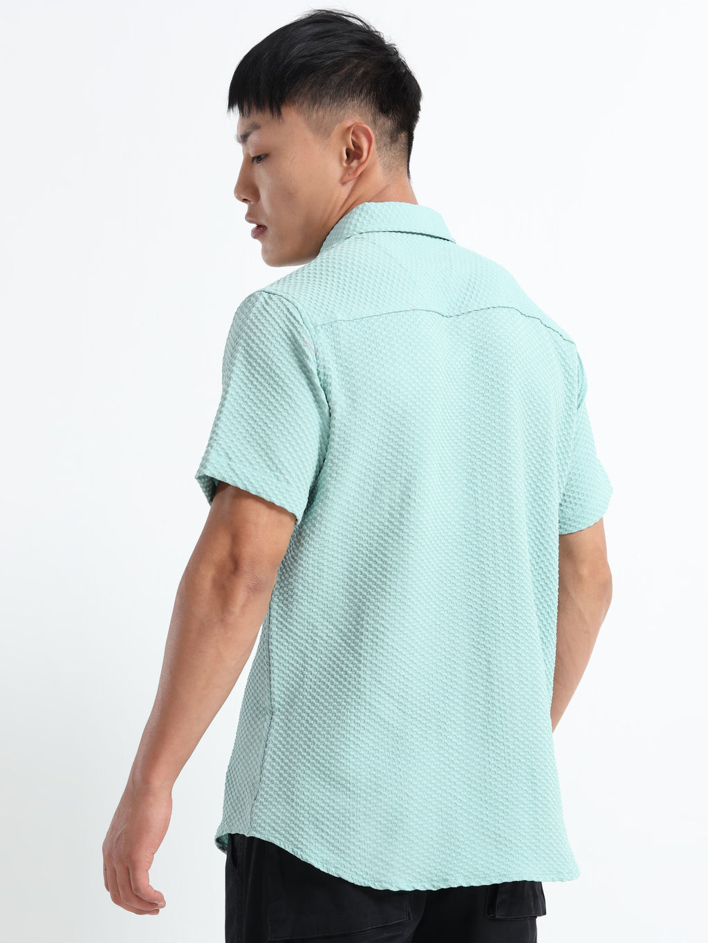 Men's Mint Green Geometric Textured Short Sleeve Casual Shirt