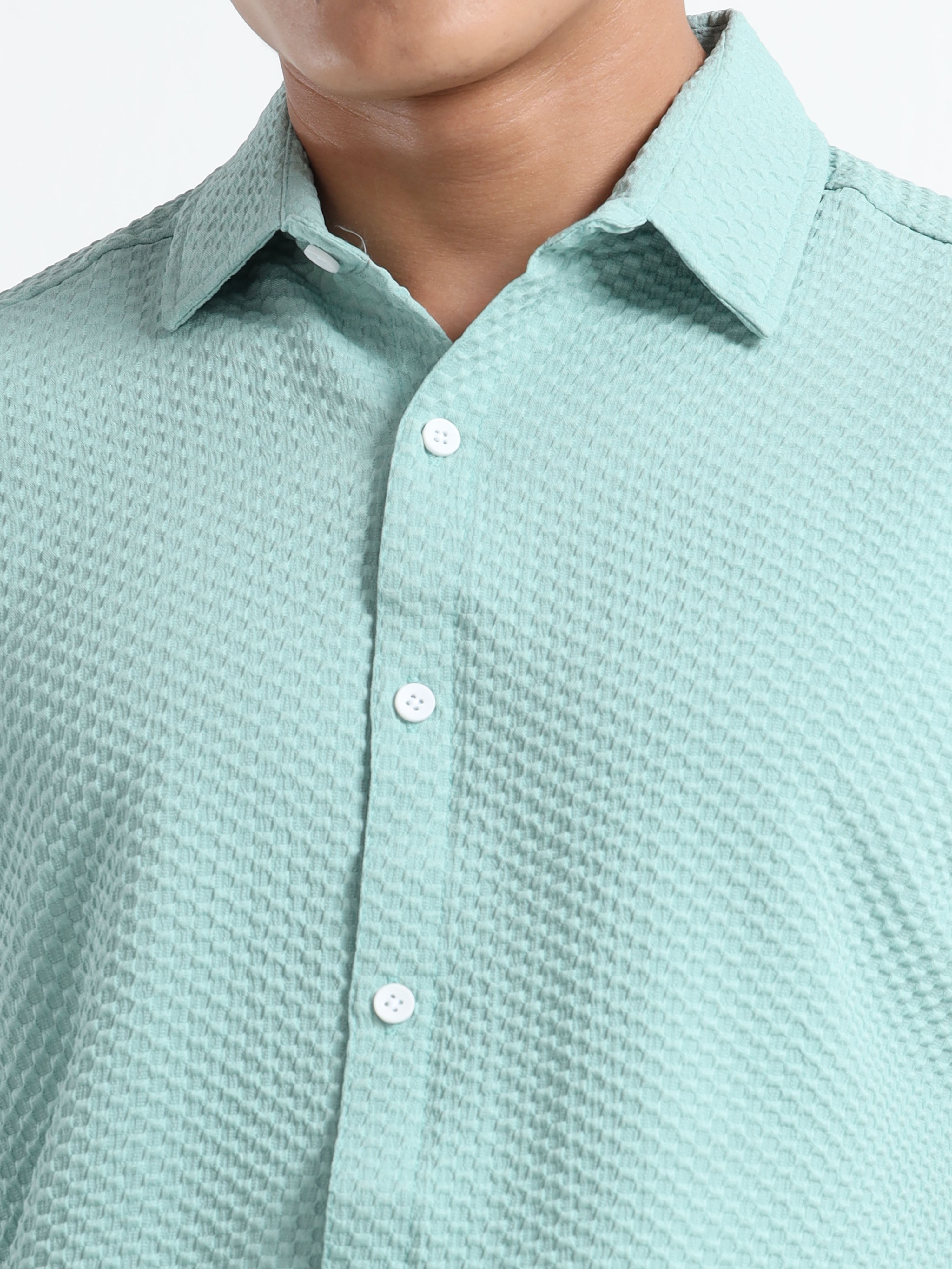 Men's Mint Green Geometric Textured Short Sleeve Casual Shirt