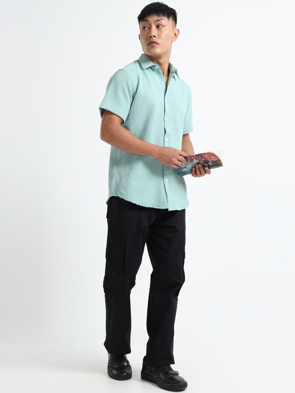 Men's Mint Green Geometric Textured Short Sleeve Casual Shirt