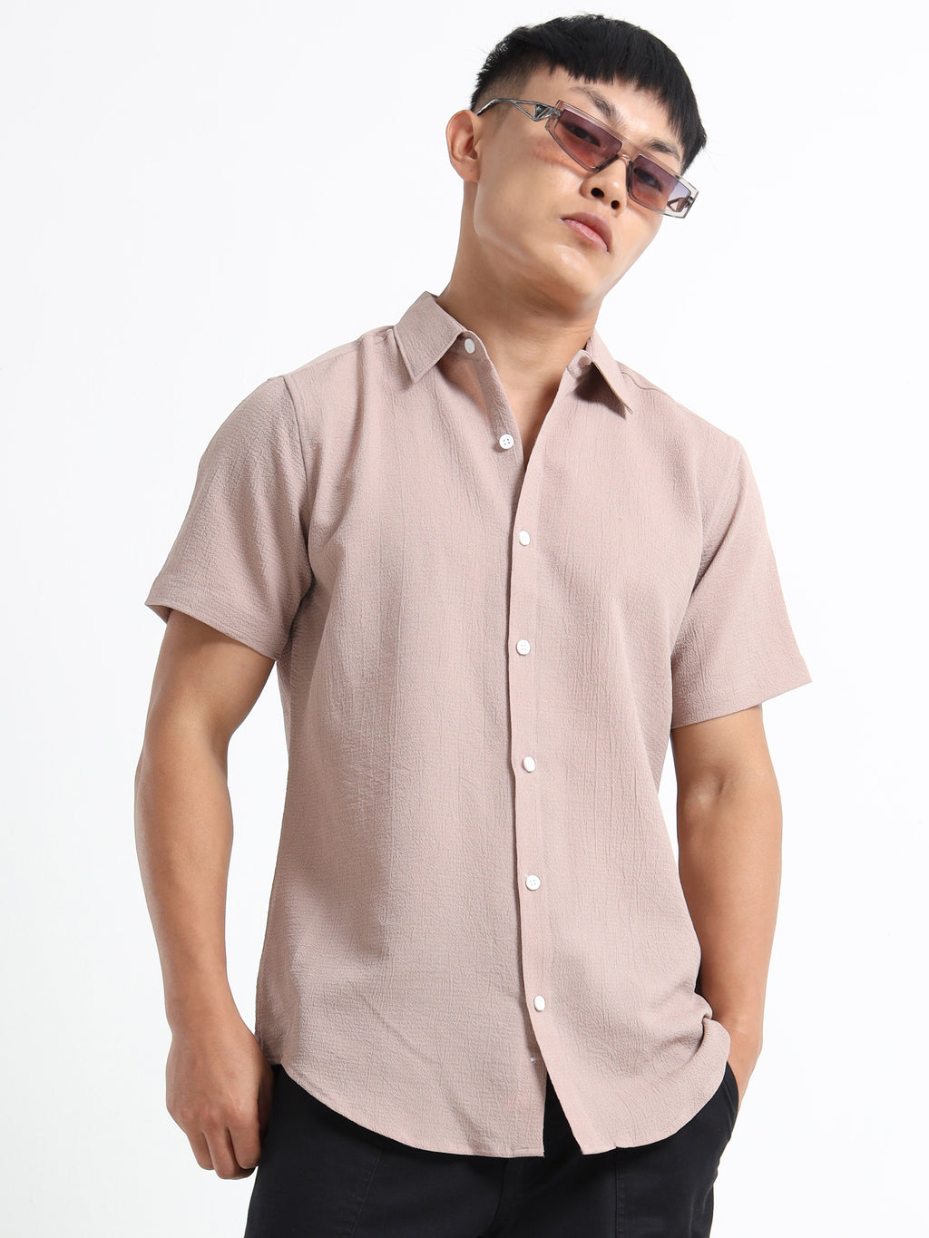 Men's Beige Crinkled Textured Short Sleeve Casual Shirt