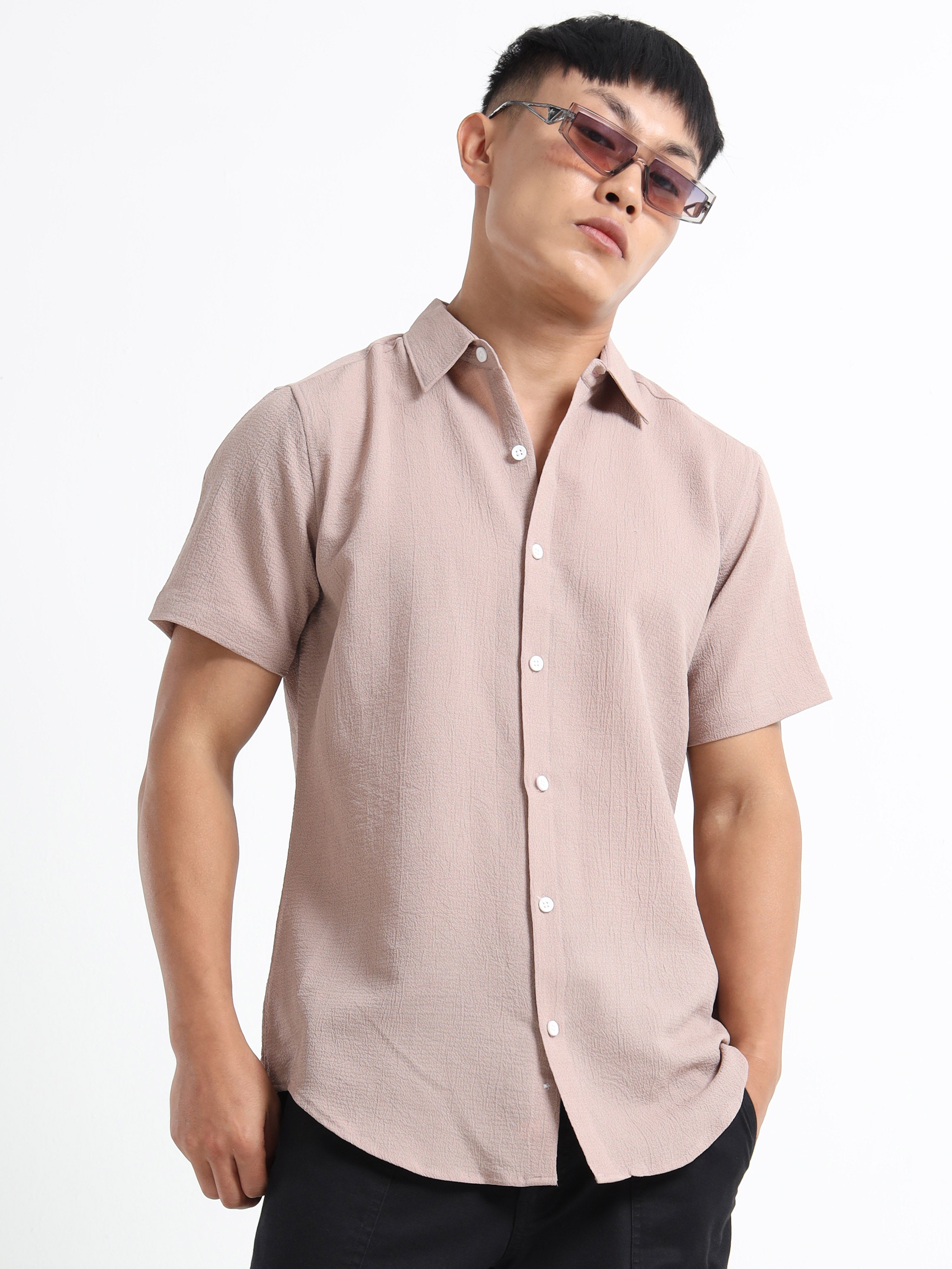 Men's Beige Crinkled Textured Short Sleeve Casual Shirt