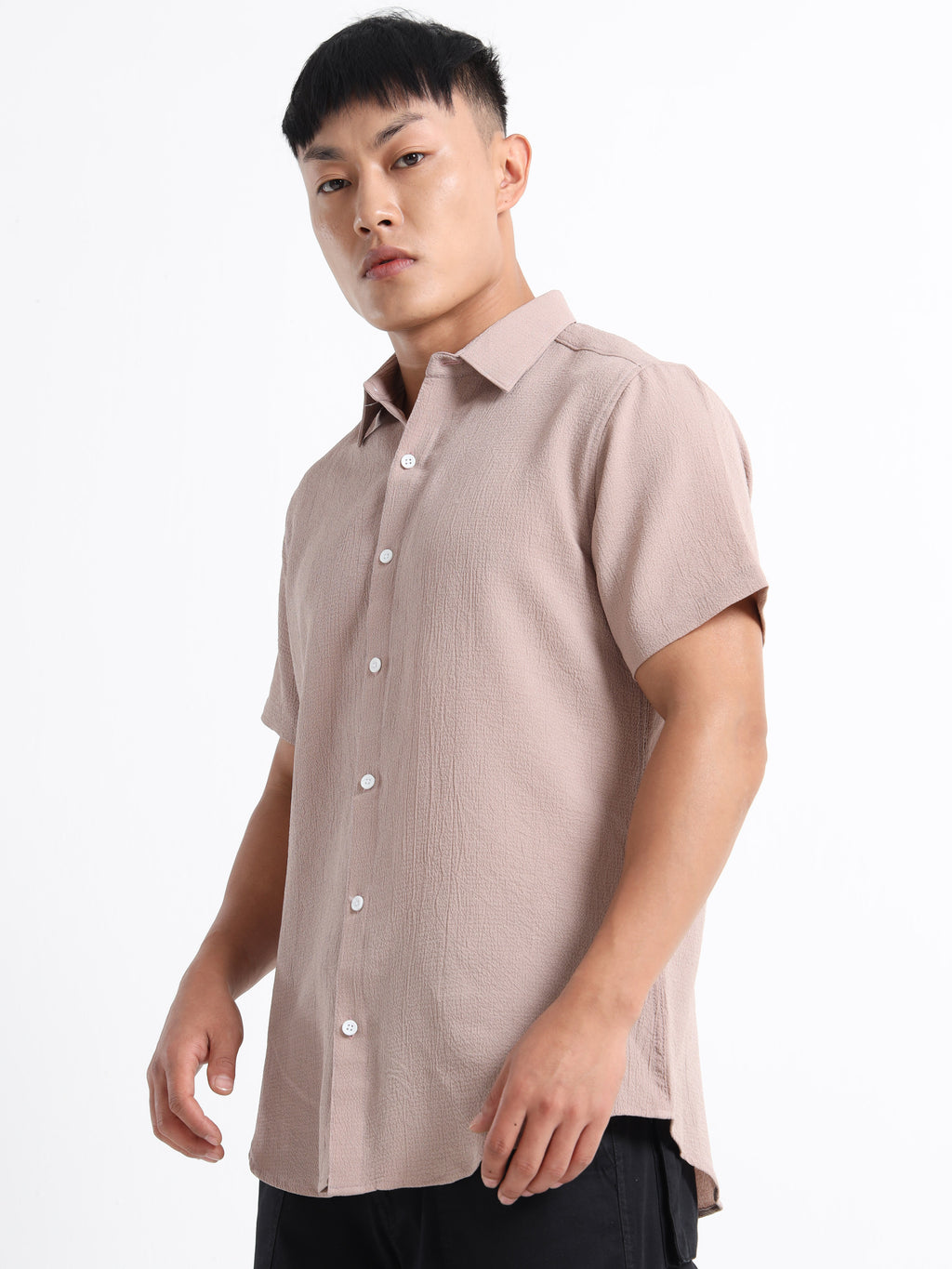 Men's Beige Crinkled Textured Short Sleeve Casual Shirt