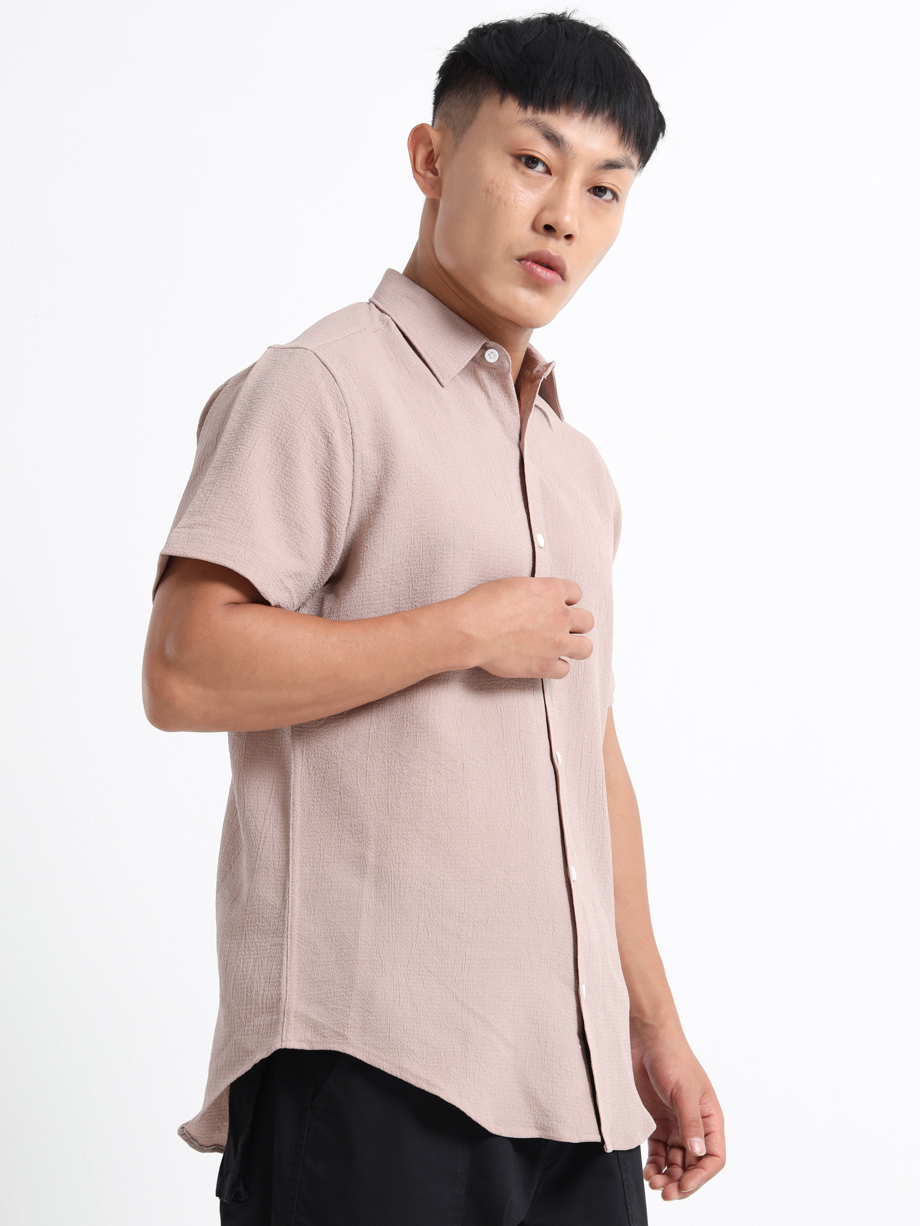 Men's Beige Crinkled Textured Short Sleeve Casual Shirt