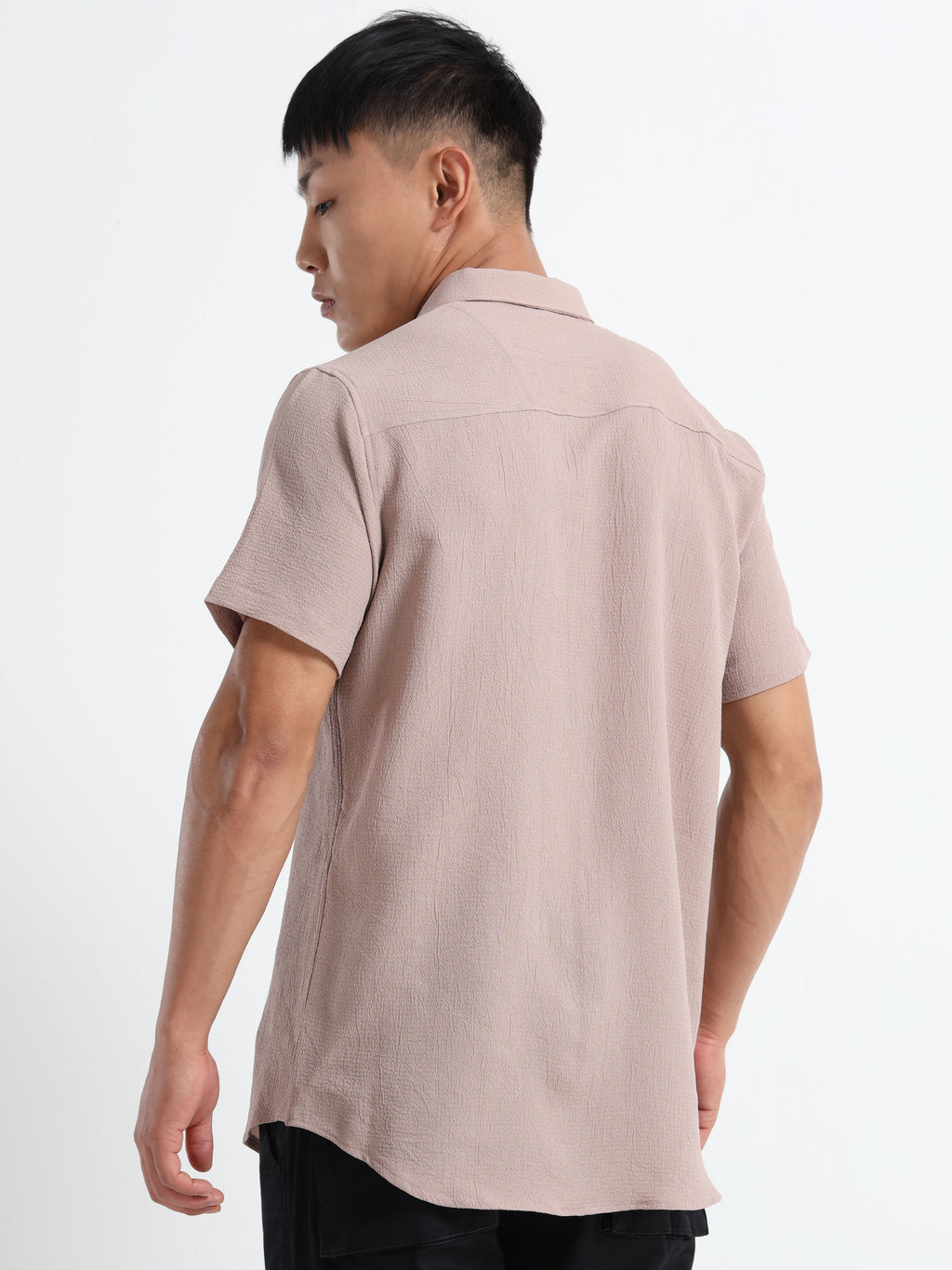 Men's Beige Crinkled Textured Short Sleeve Casual Shirt