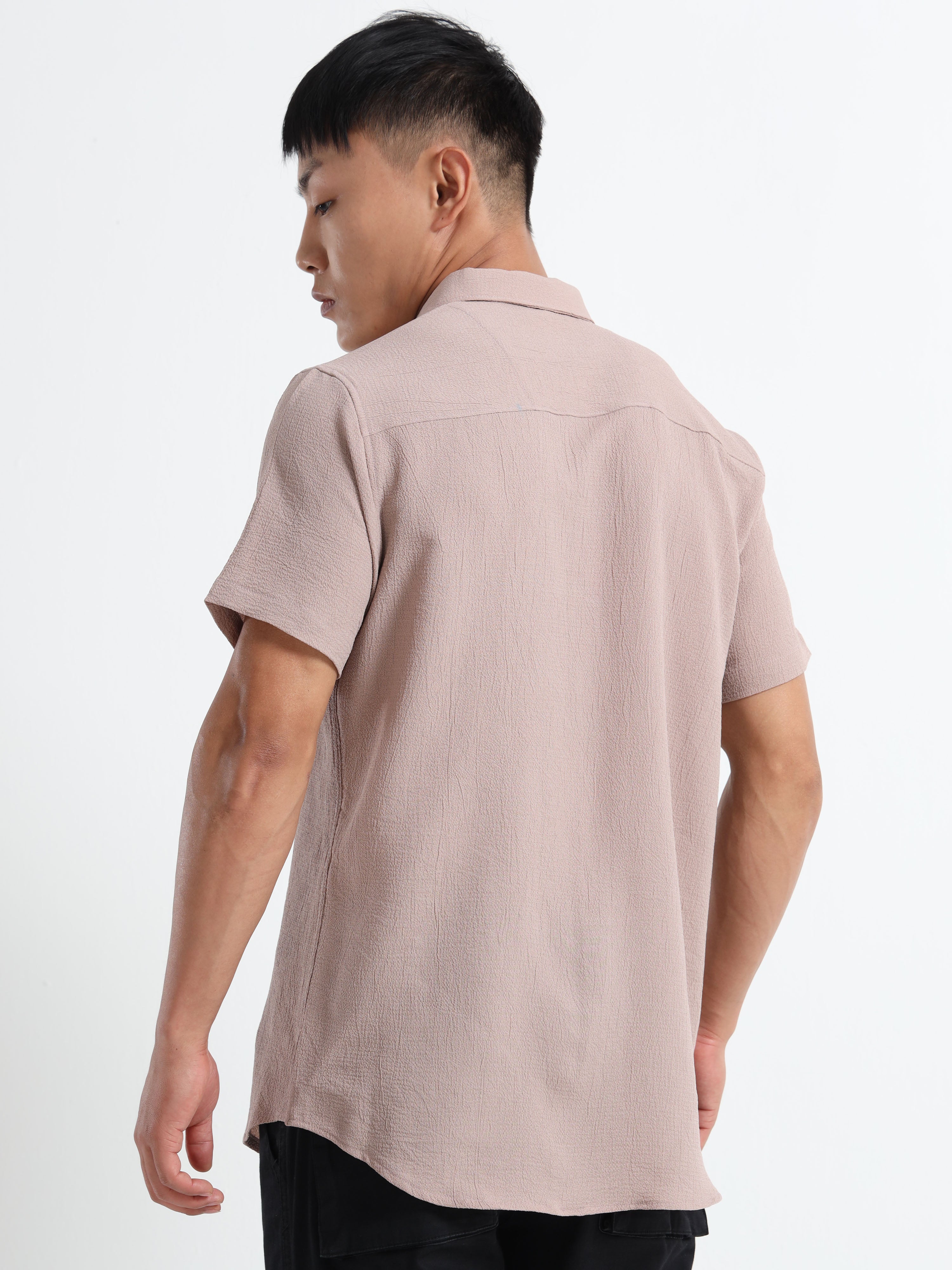 Men's Beige Crinkled Textured Short Sleeve Casual Shirt