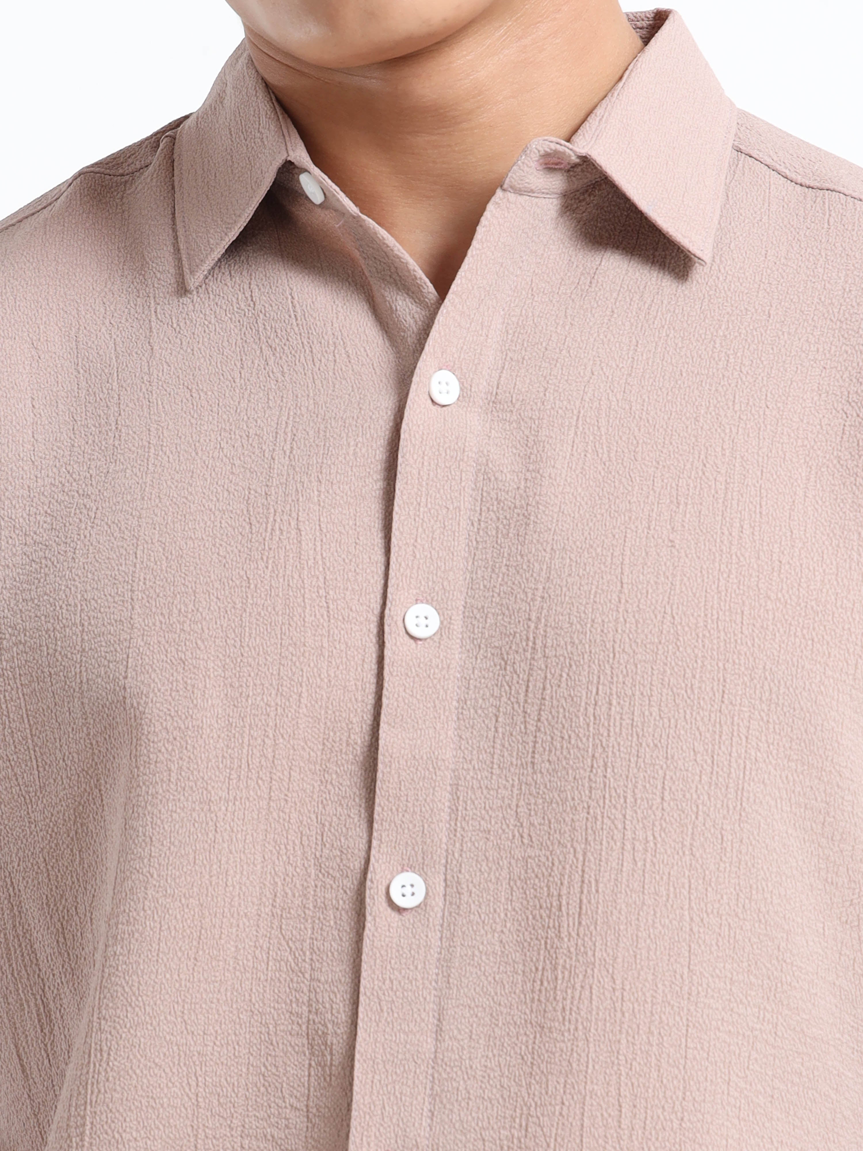 Men's Beige Crinkled Textured Short Sleeve Casual Shirt