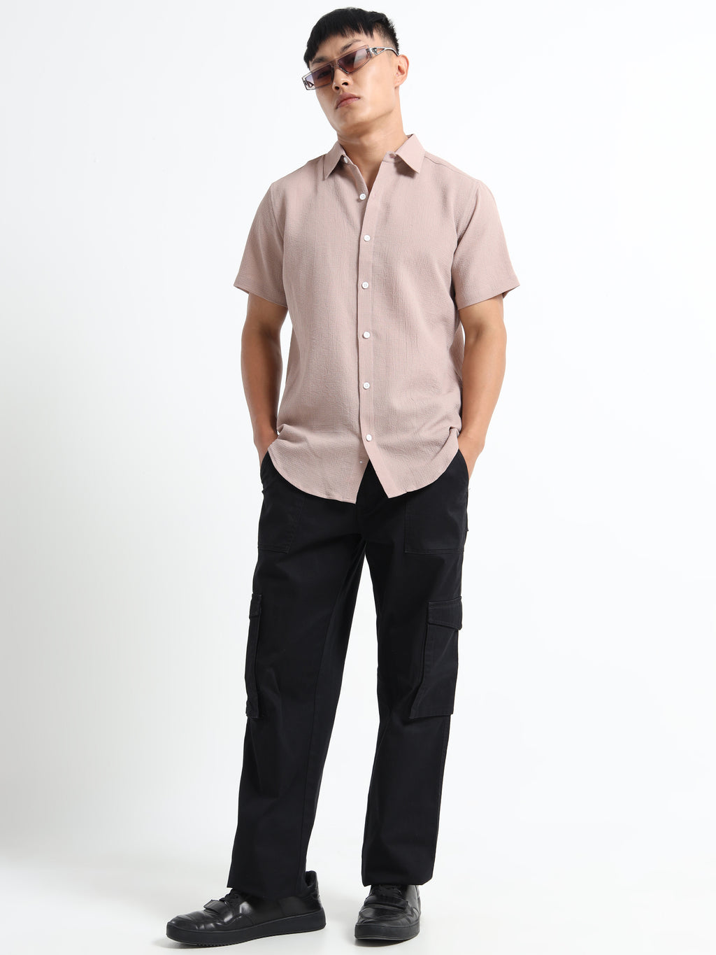 Men's Beige Crinkled Textured Short Sleeve Casual Shirt