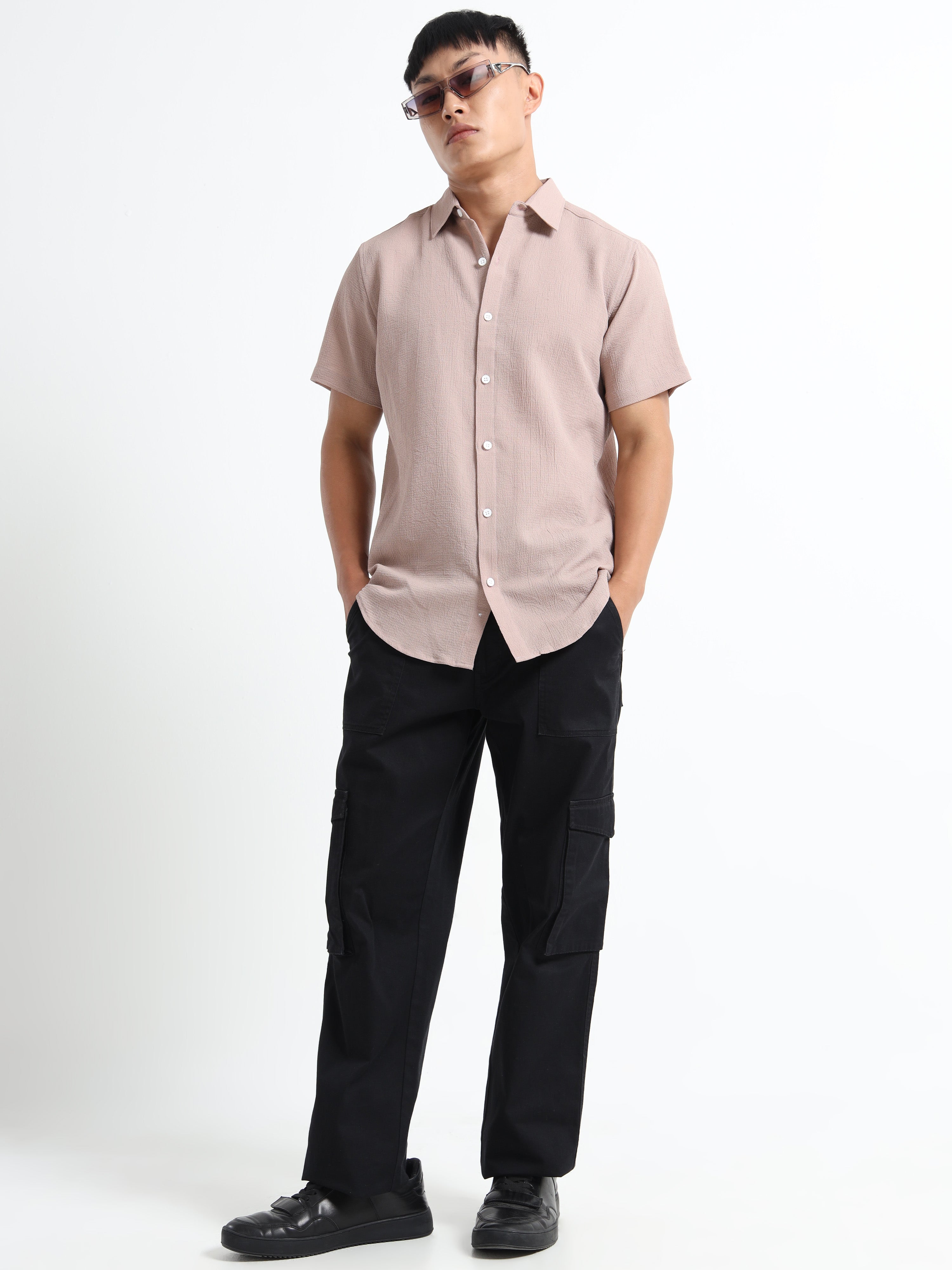 Men's Beige Crinkled Textured Short Sleeve Casual Shirt
