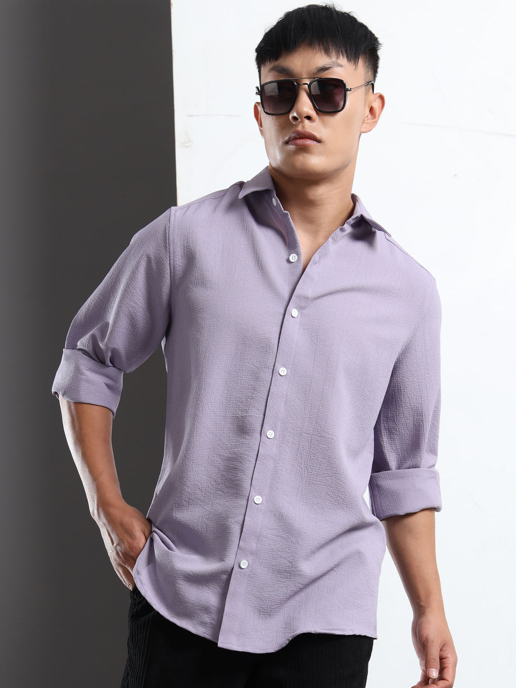 Men’s Lavender Textured Casual Button-Down Shirt