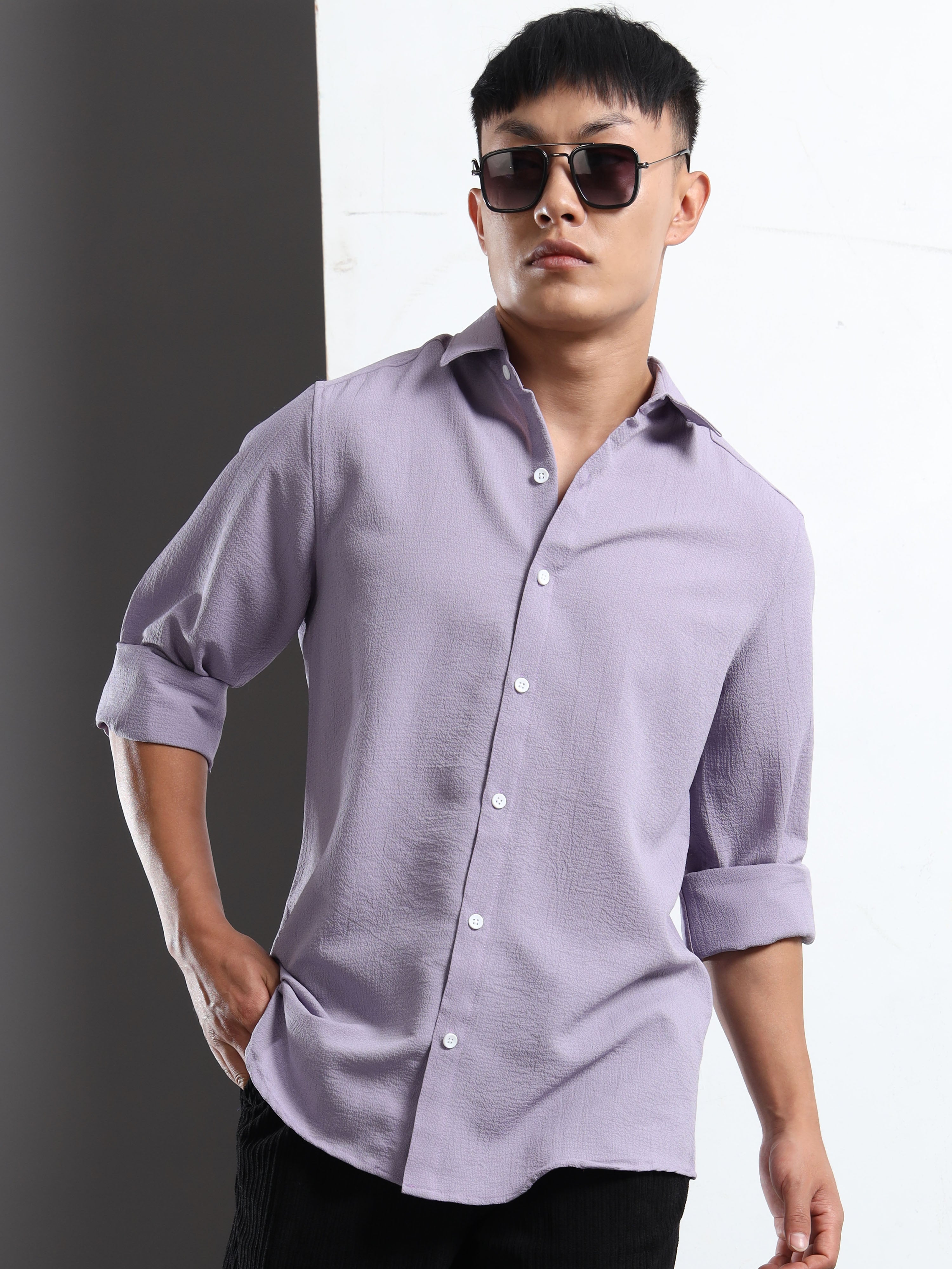Men’s Lavender Textured Casual Button-Down Shirt
