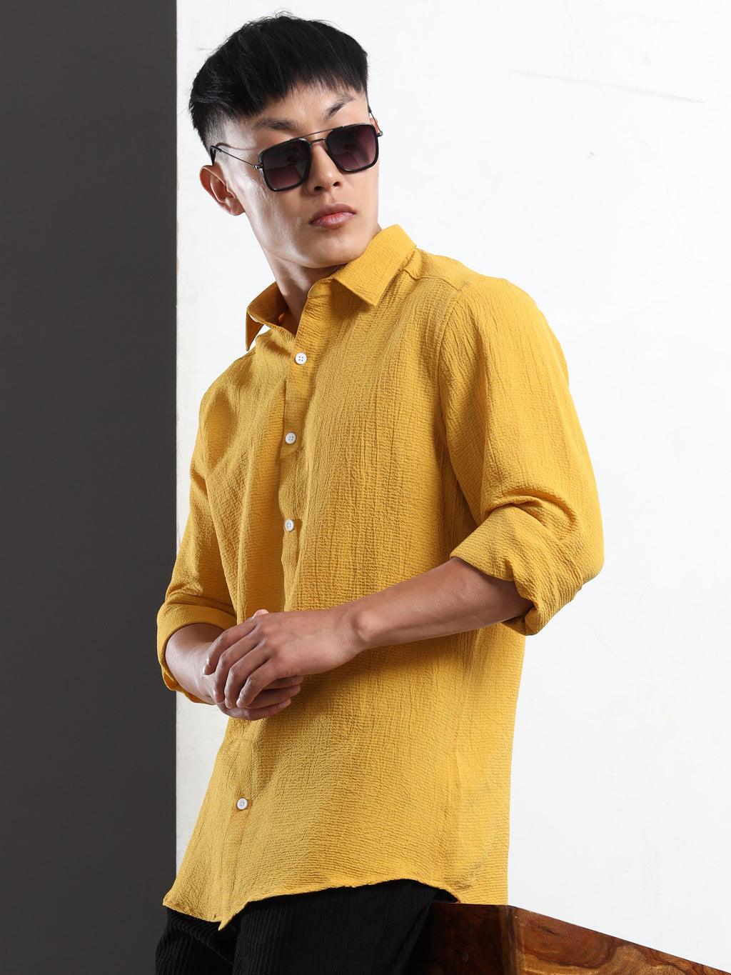 Men’s Yellow Textured Casual Button-Down Shirt