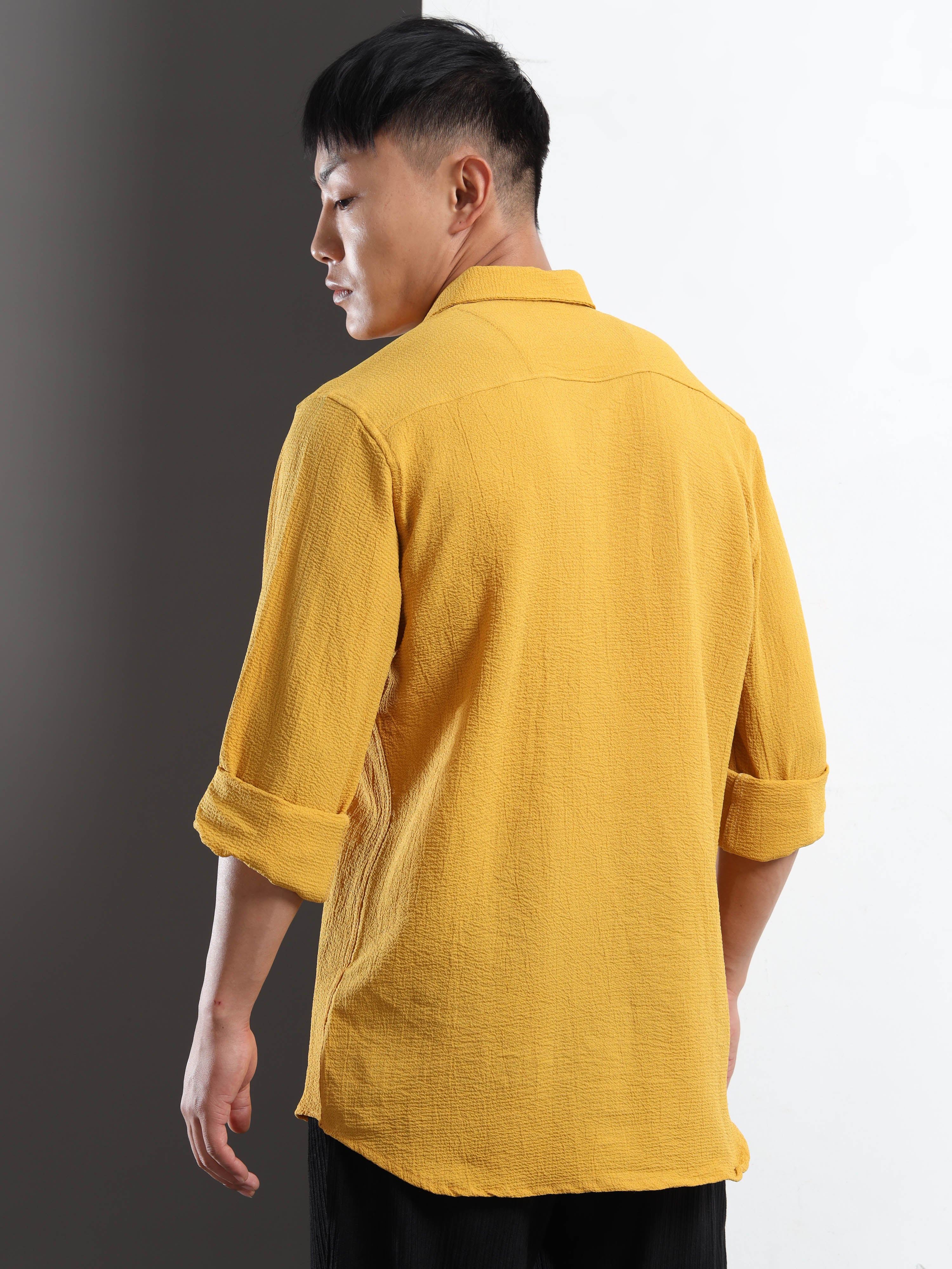 Men’s Yellow Textured Casual Button-Down Shirt