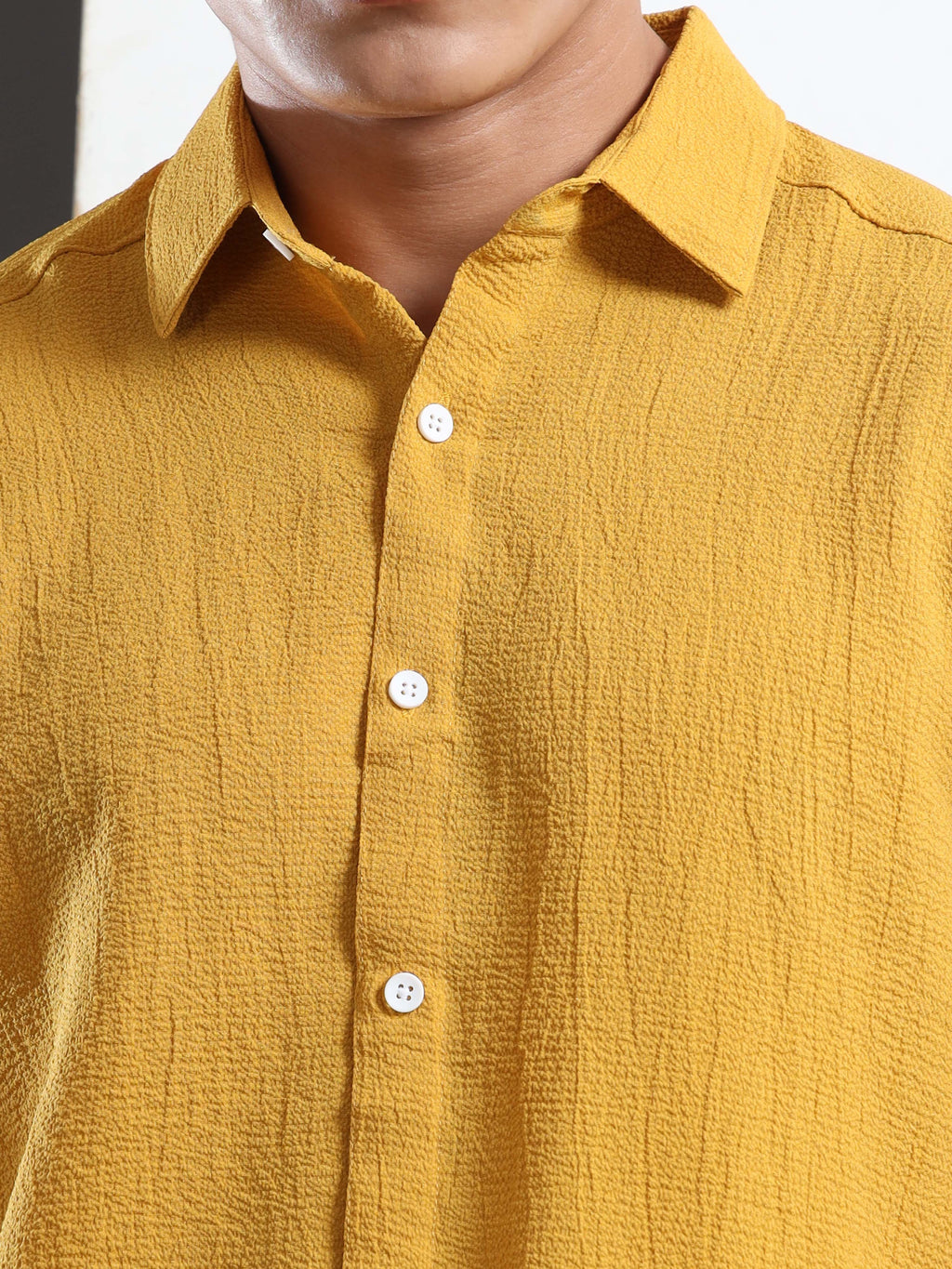Men’s Yellow Textured Casual Button-Down Shirt