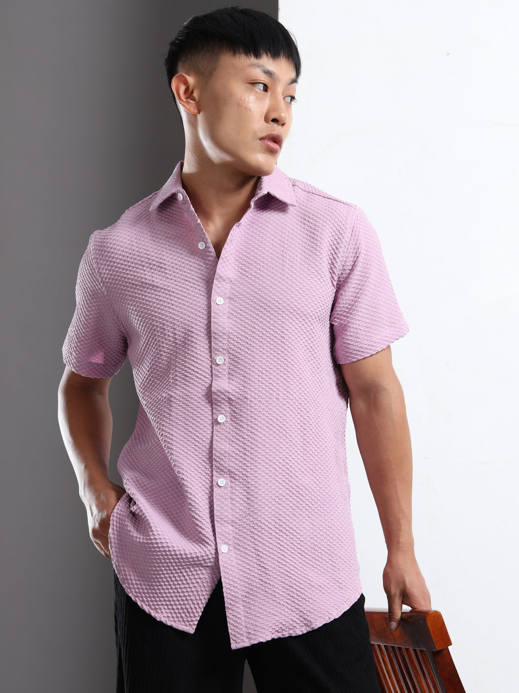 Men's Lavender Geometric Textured Short Sleeve Casual Shirt