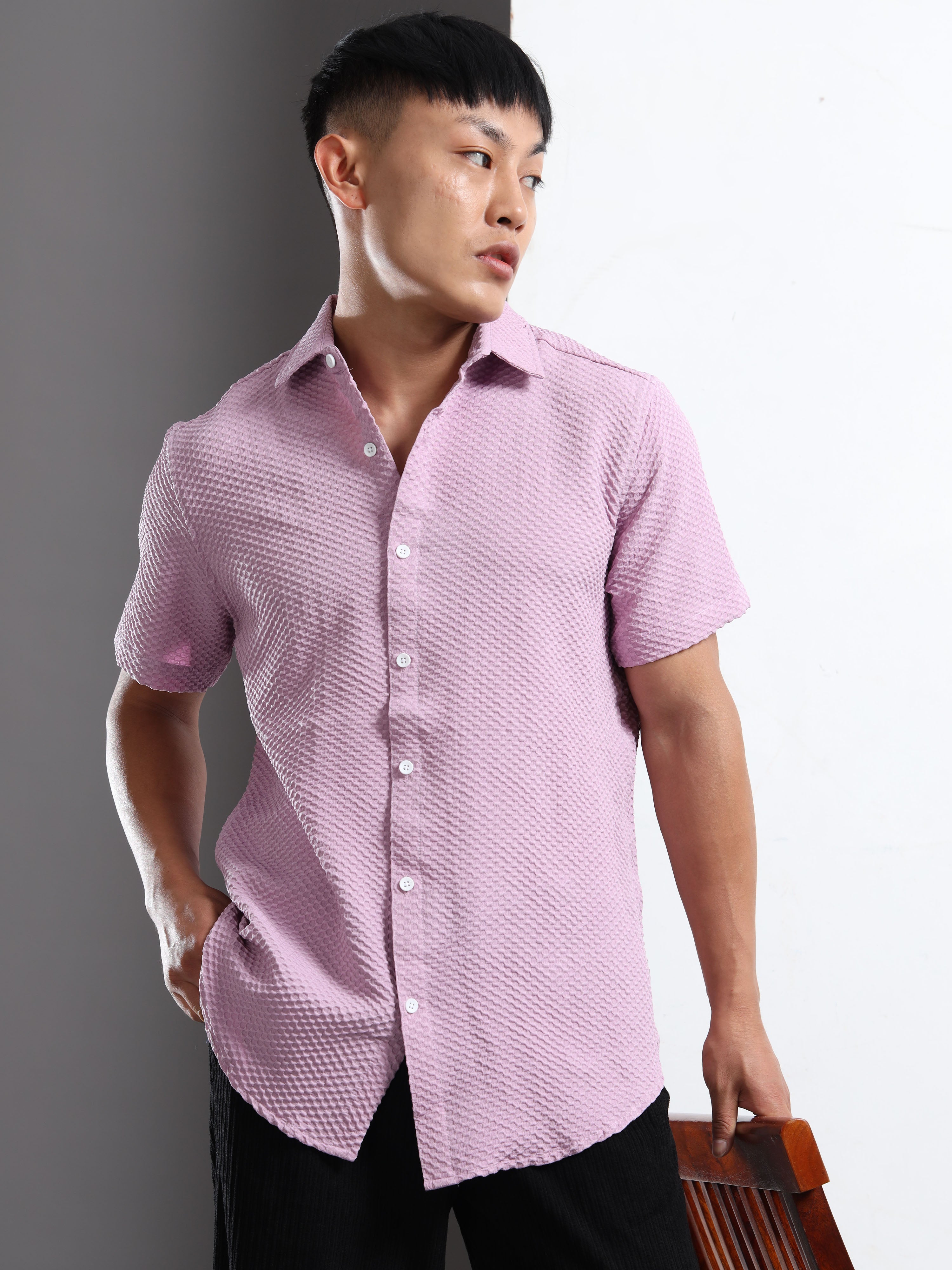 Men's Lavender Geometric Textured Short Sleeve Casual Shirt