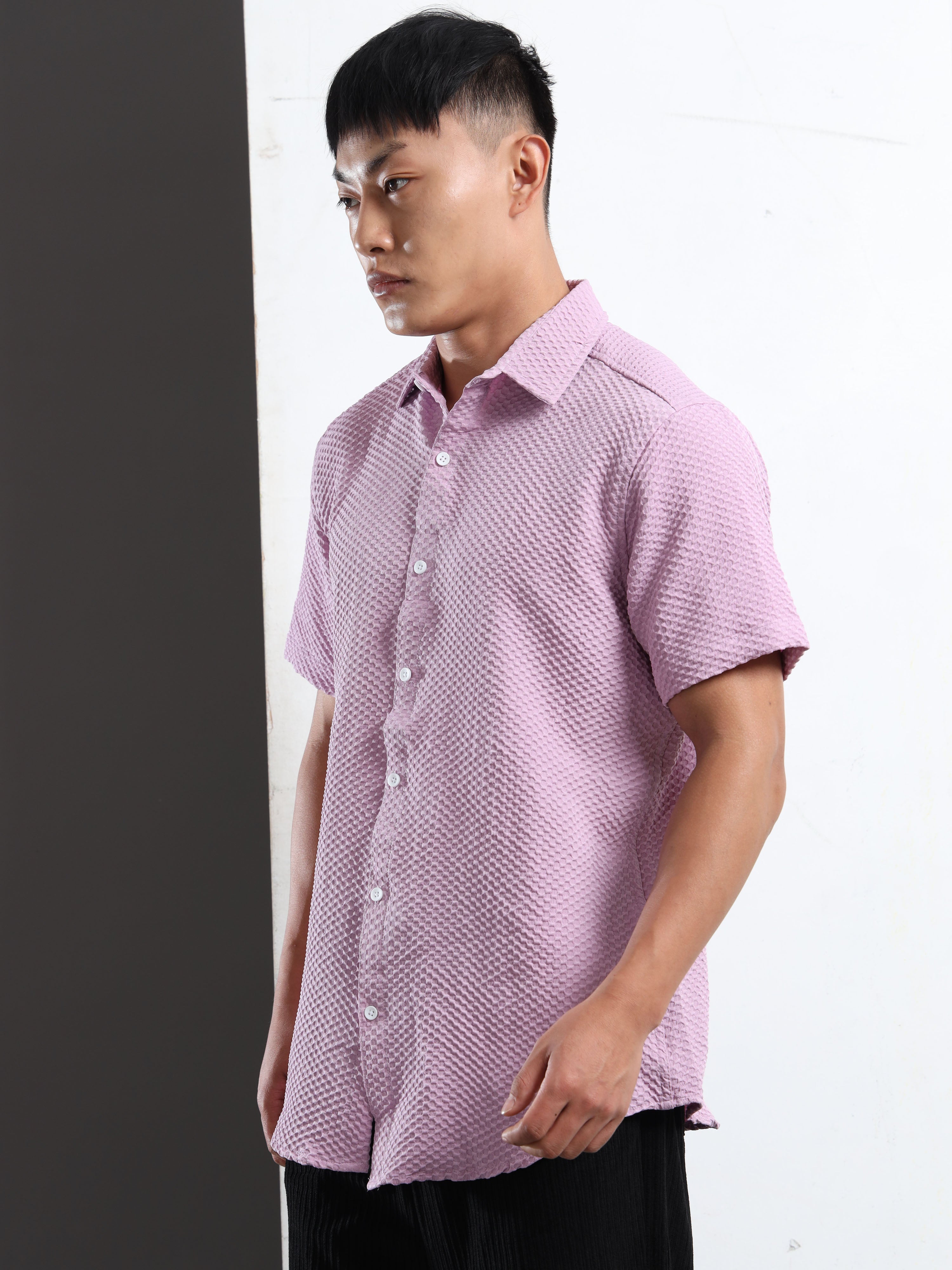 Men's Lavender Geometric Textured Short Sleeve Casual Shirt