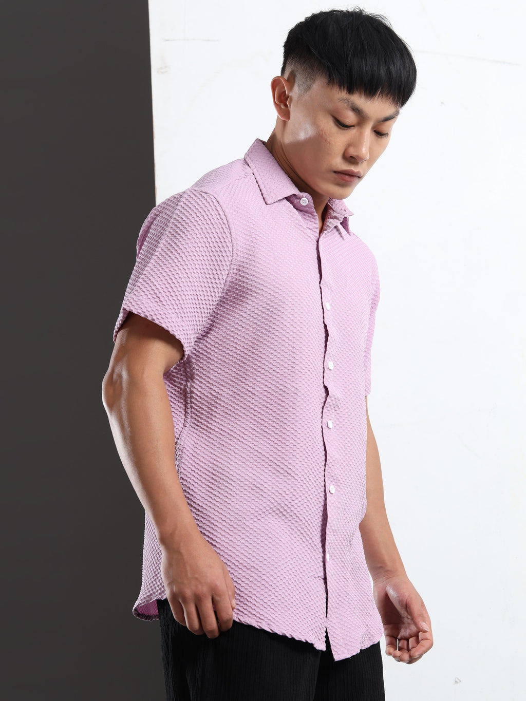 Men's Lavender Geometric Textured Short Sleeve Casual Shirt