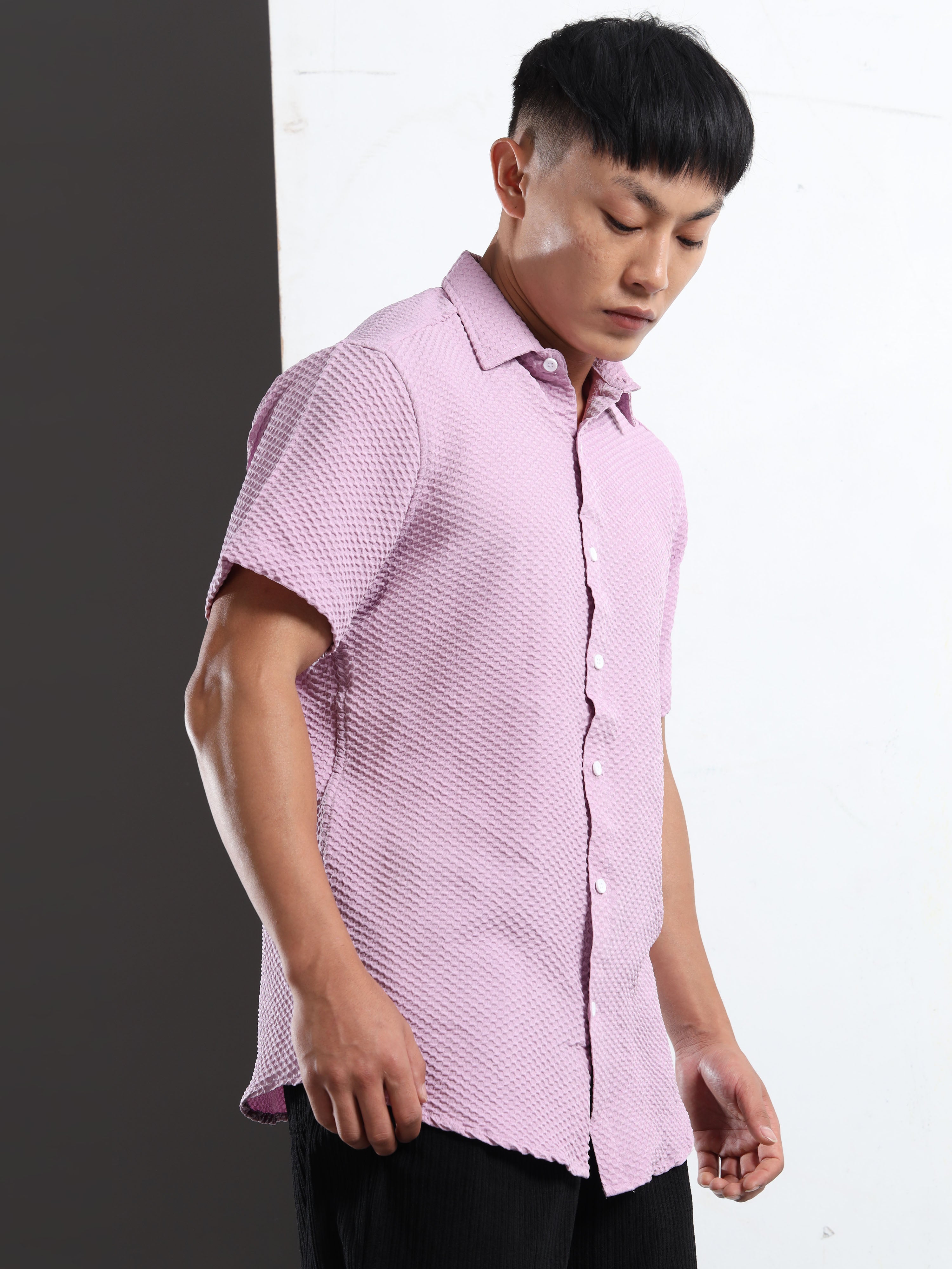 Men's Lavender Geometric Textured Short Sleeve Casual Shirt