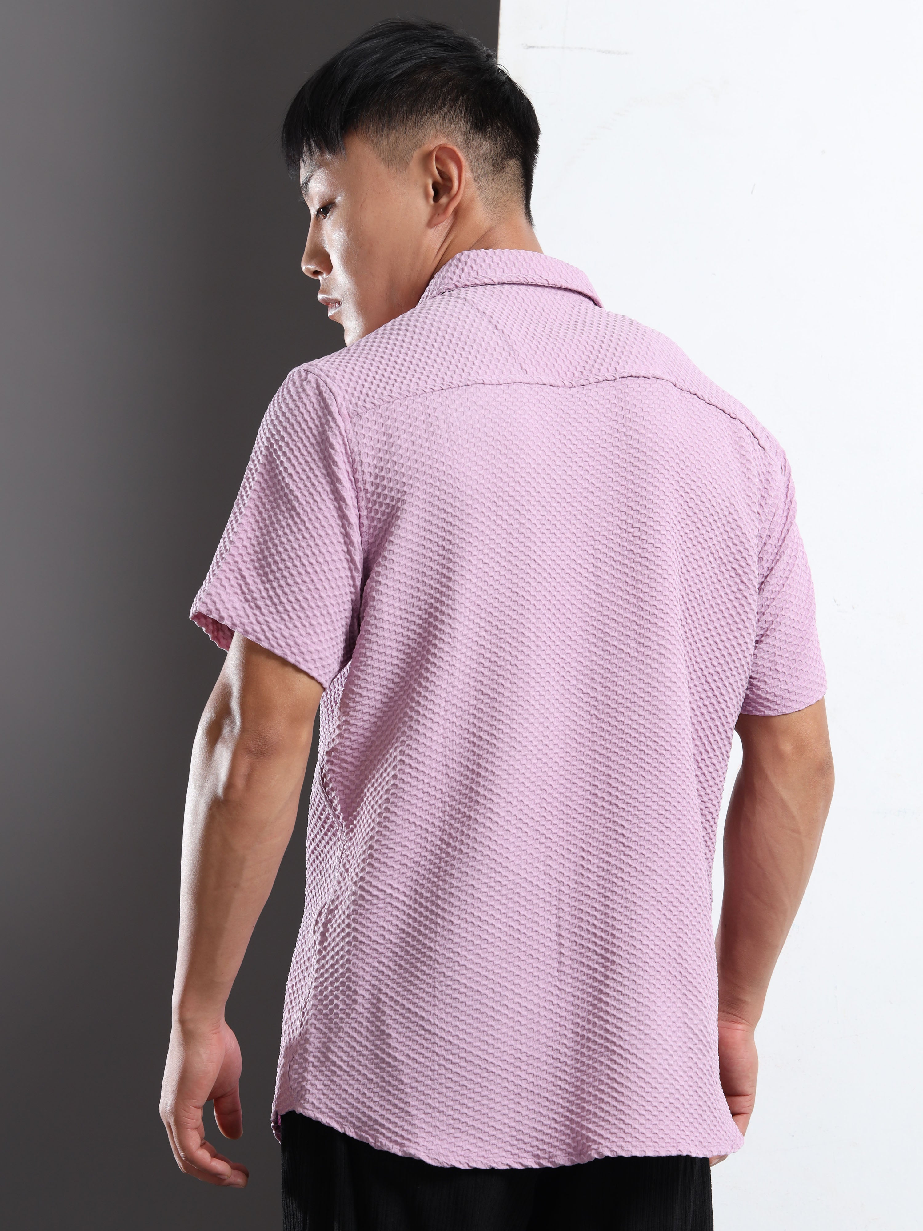Men's Lavender Geometric Textured Short Sleeve Casual Shirt