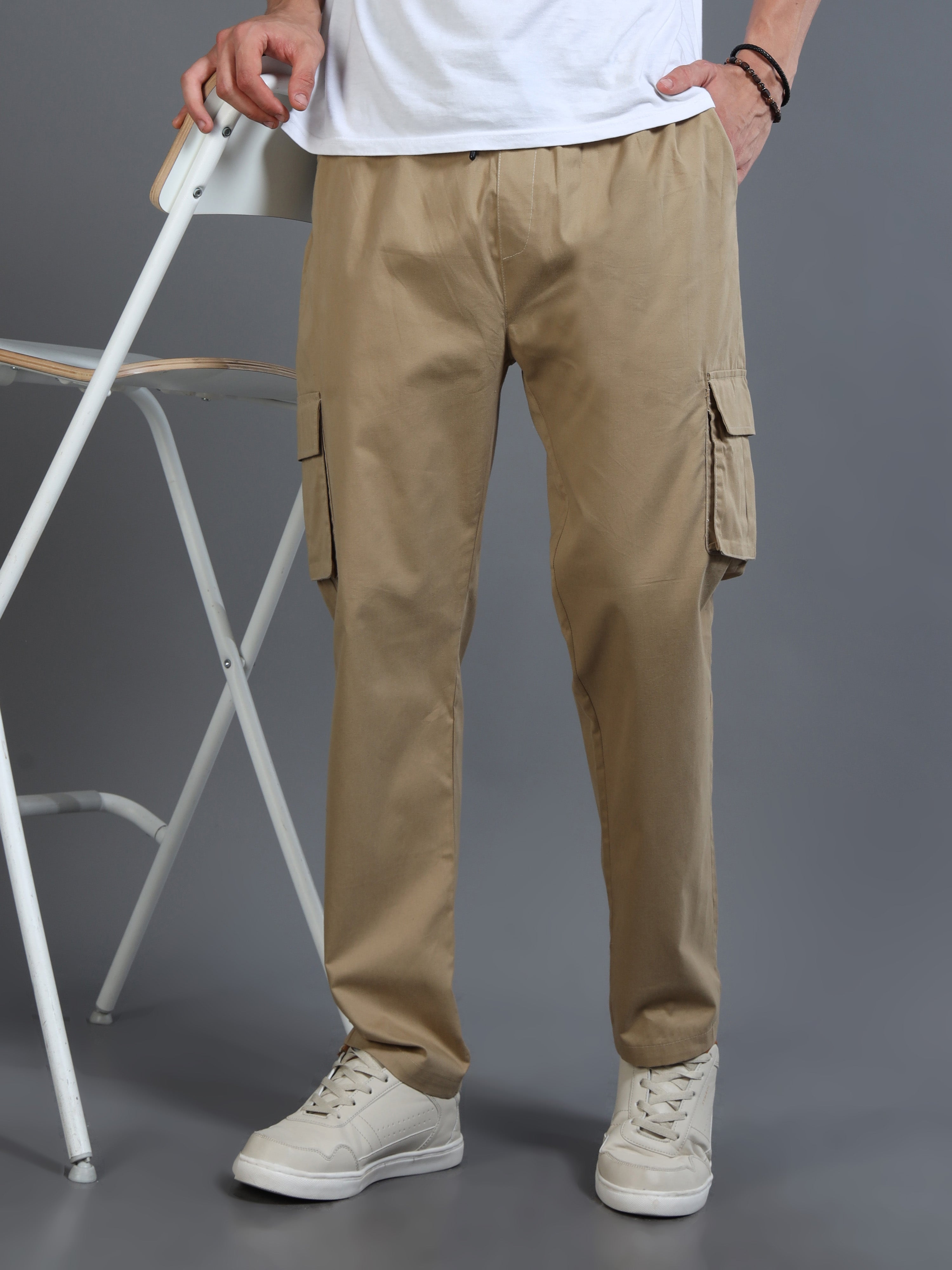 Men's Beige Rear Cargo Trousers