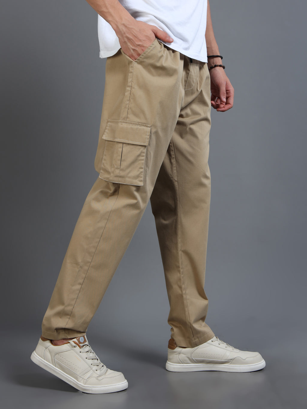 Men's Beige Rear Cargo Trousers