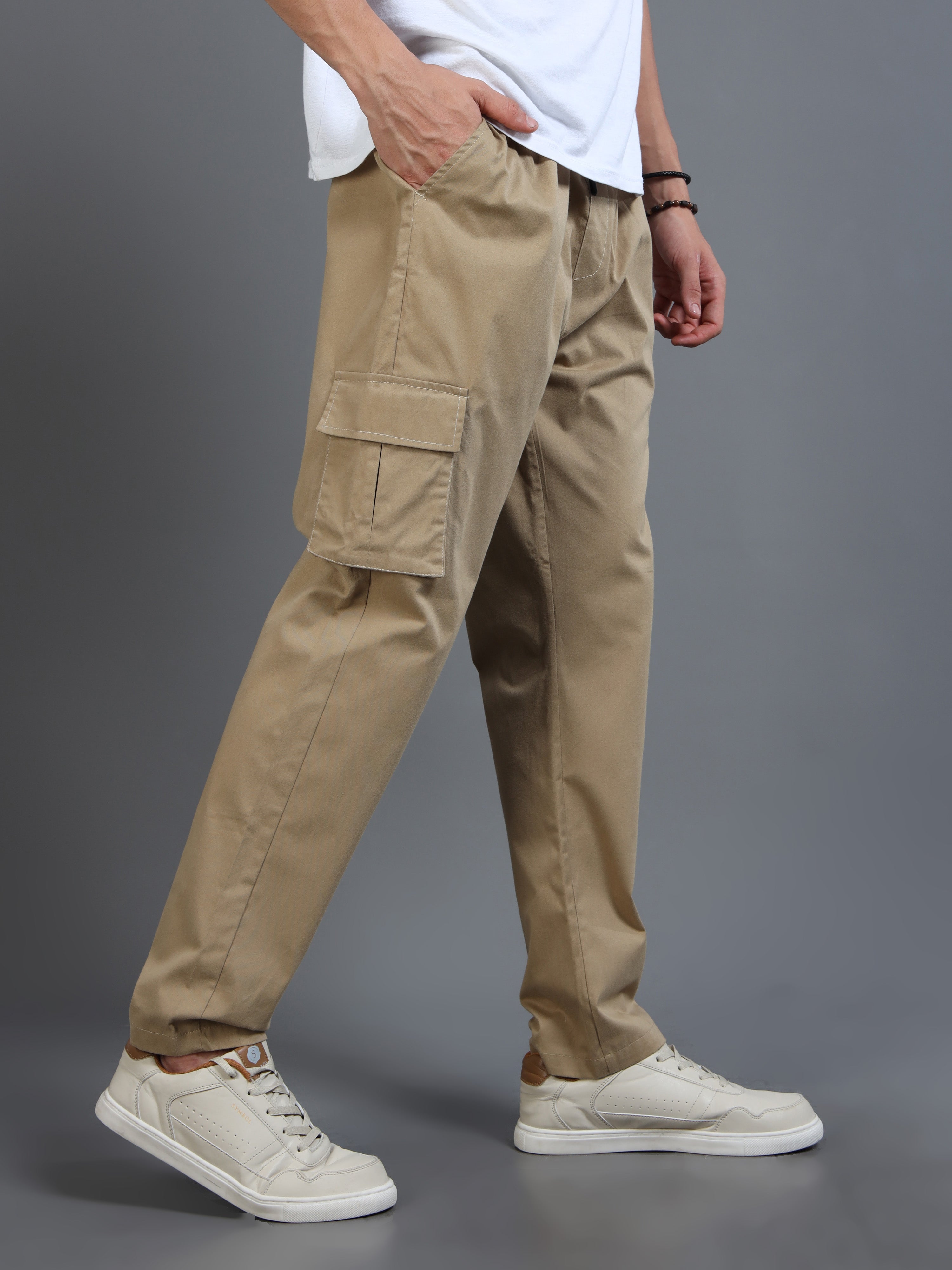 Men's Beige Rear Cargo Trousers