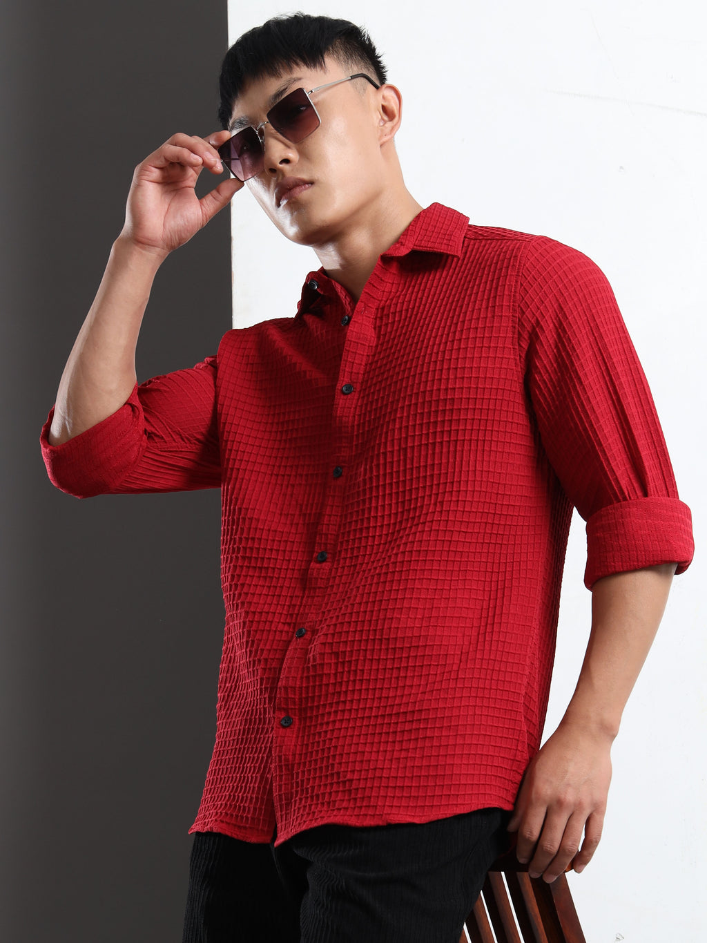 Men’s Burgundy Textured Grid Casual Shirt