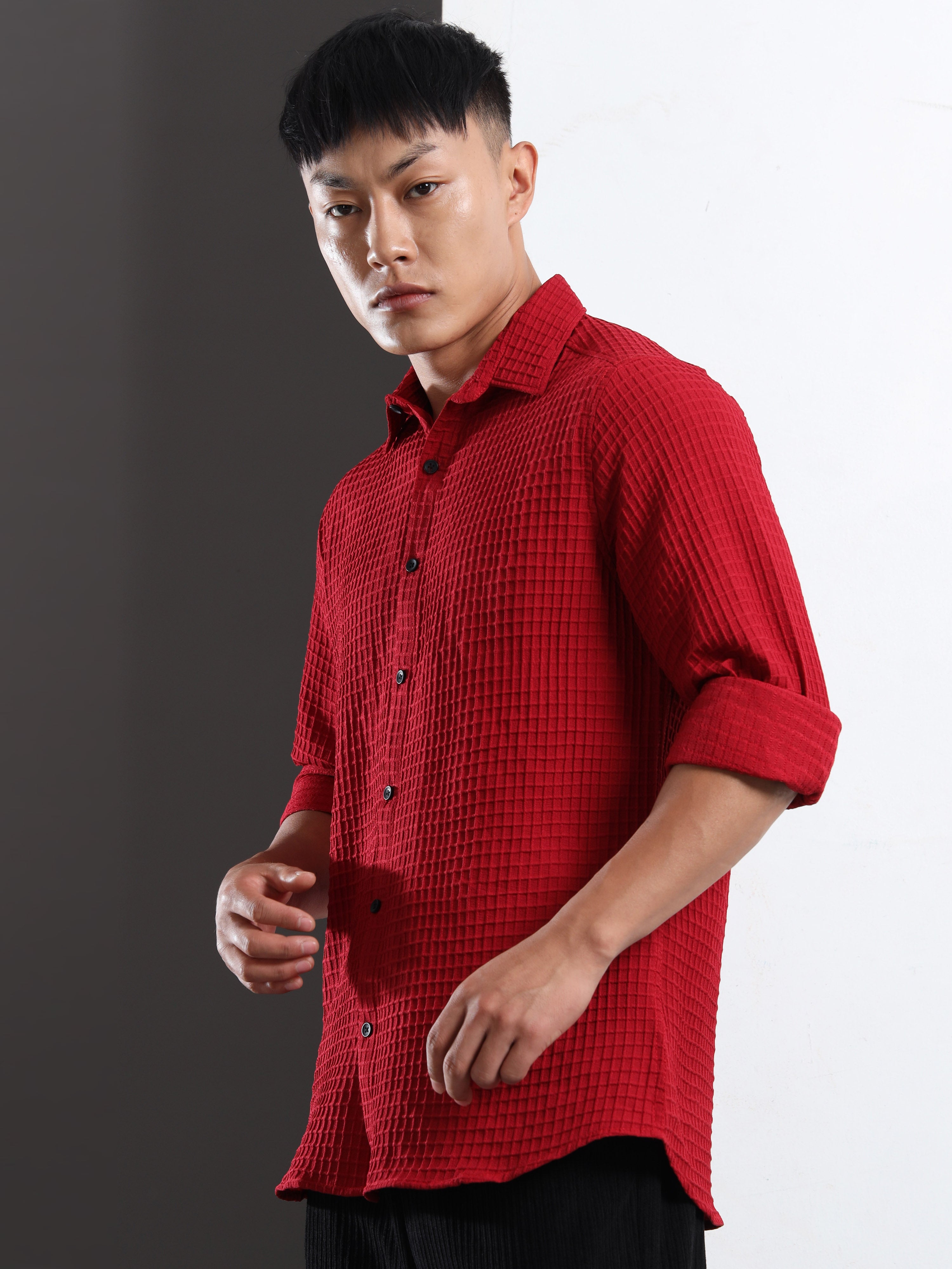 Men’s Burgundy Textured Grid Casual Shirt