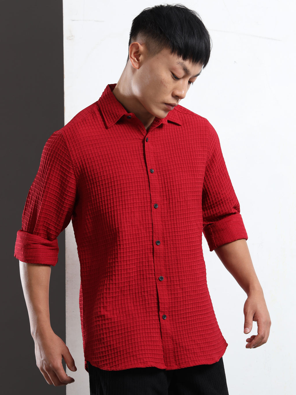 Men’s Burgundy Textured Grid Casual Shirt