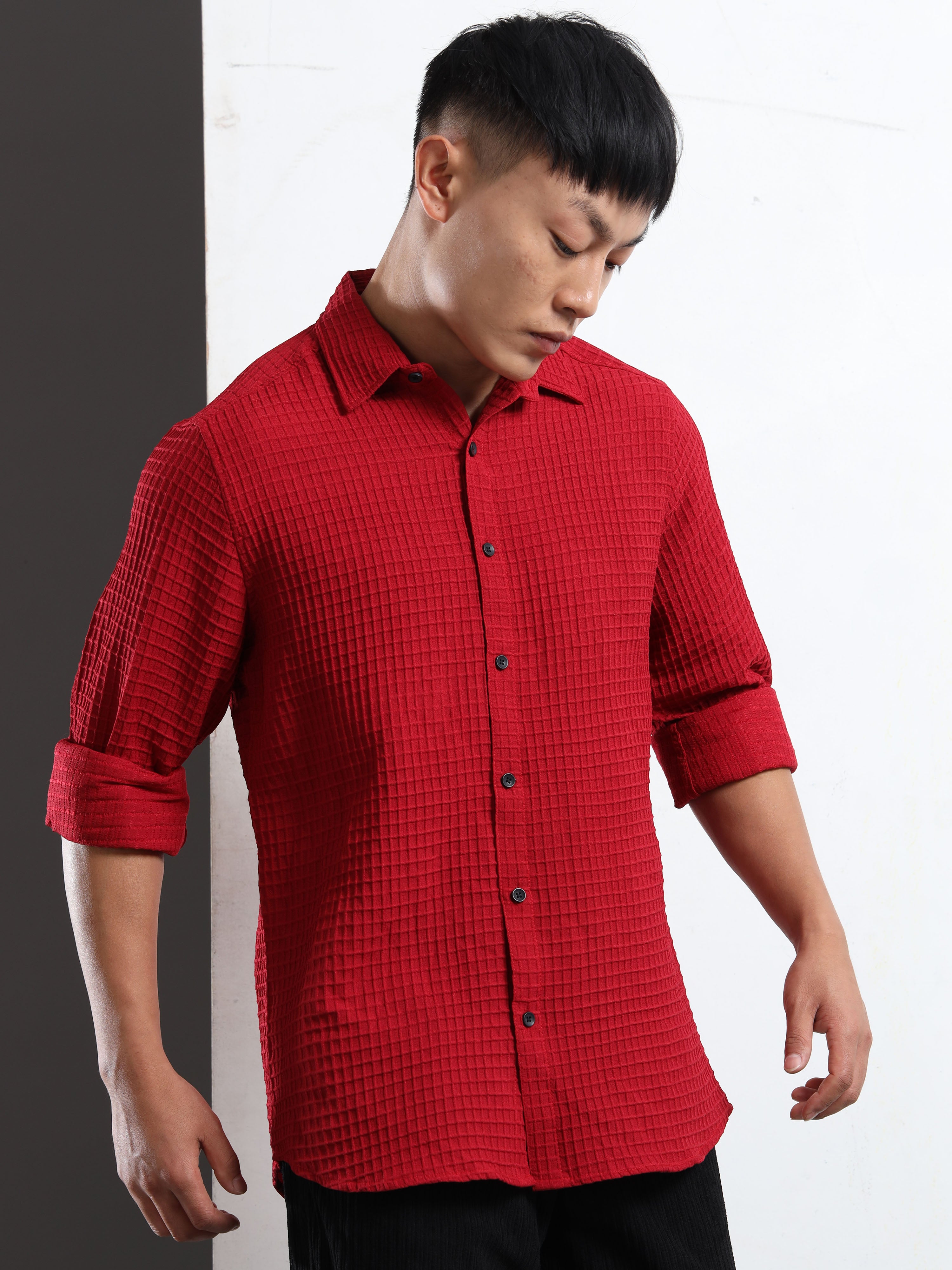 Men’s Burgundy Textured Grid Casual Shirt