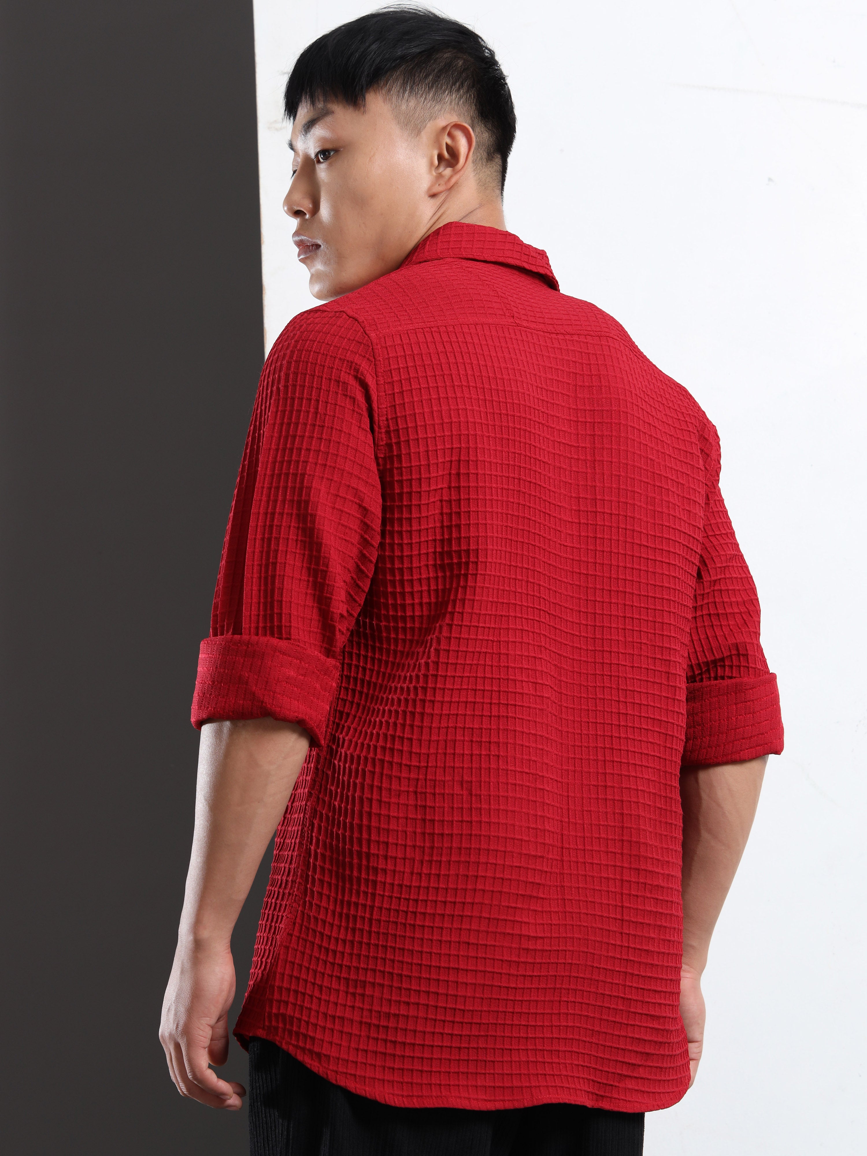 Men’s Burgundy Textured Grid Casual Shirt