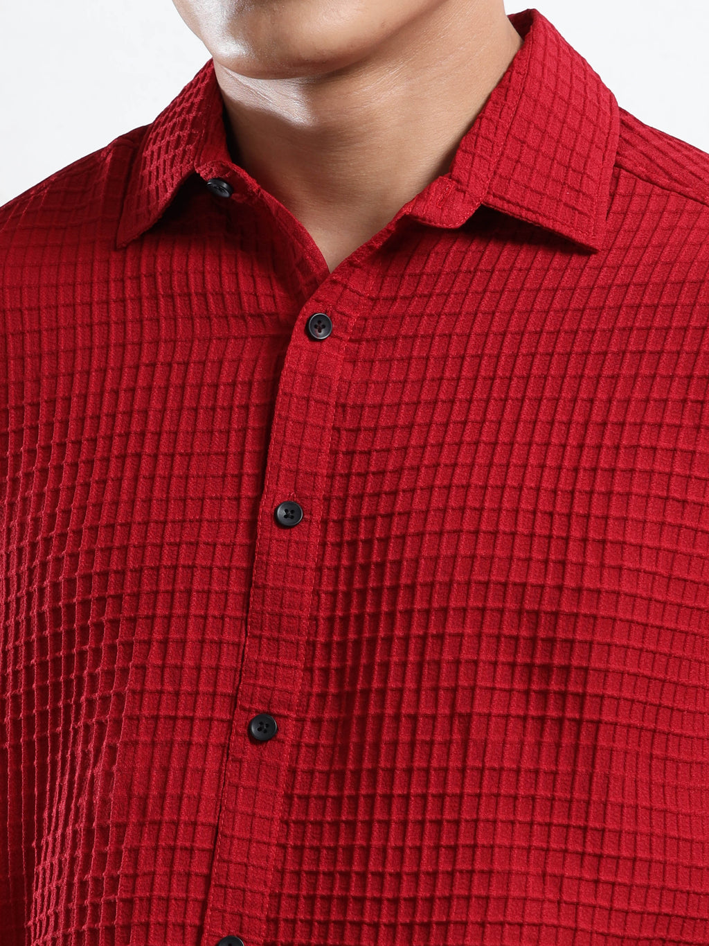 Men’s Burgundy Textured Grid Casual Shirt