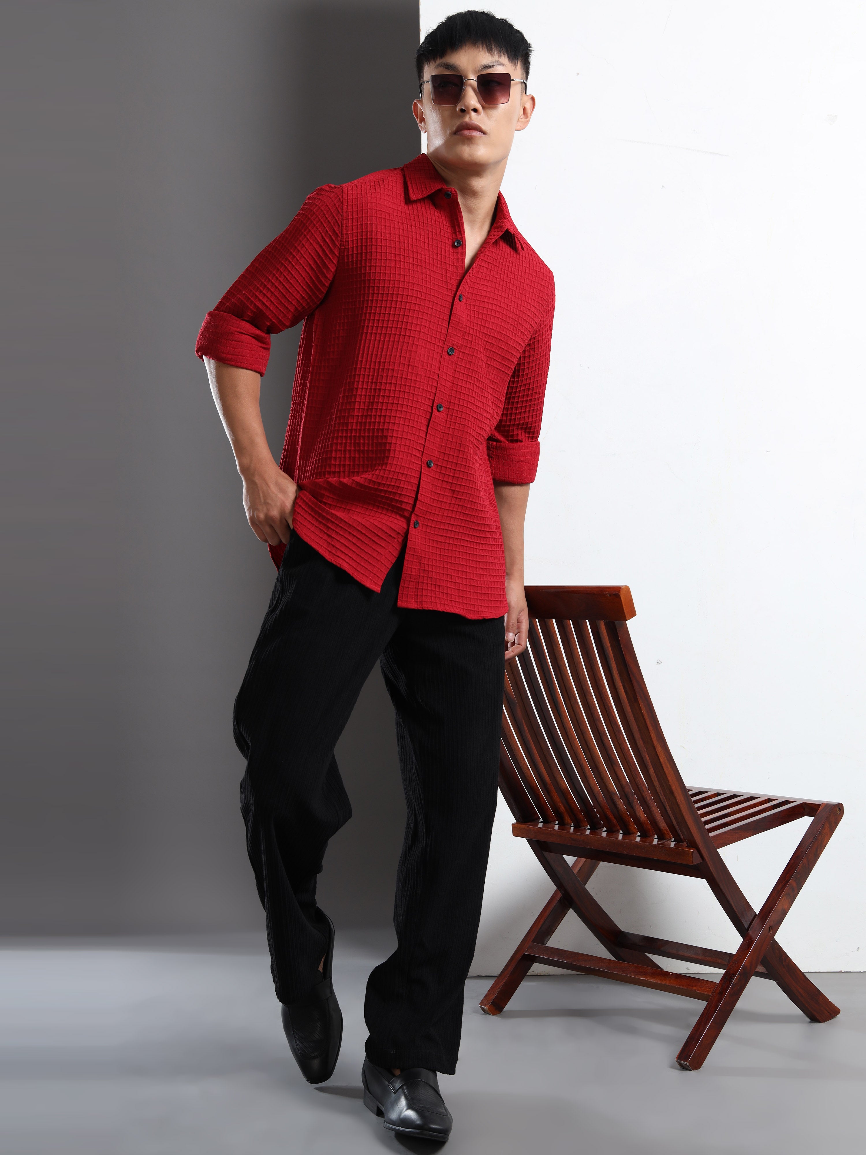 Men’s Burgundy Textured Grid Casual Shirt