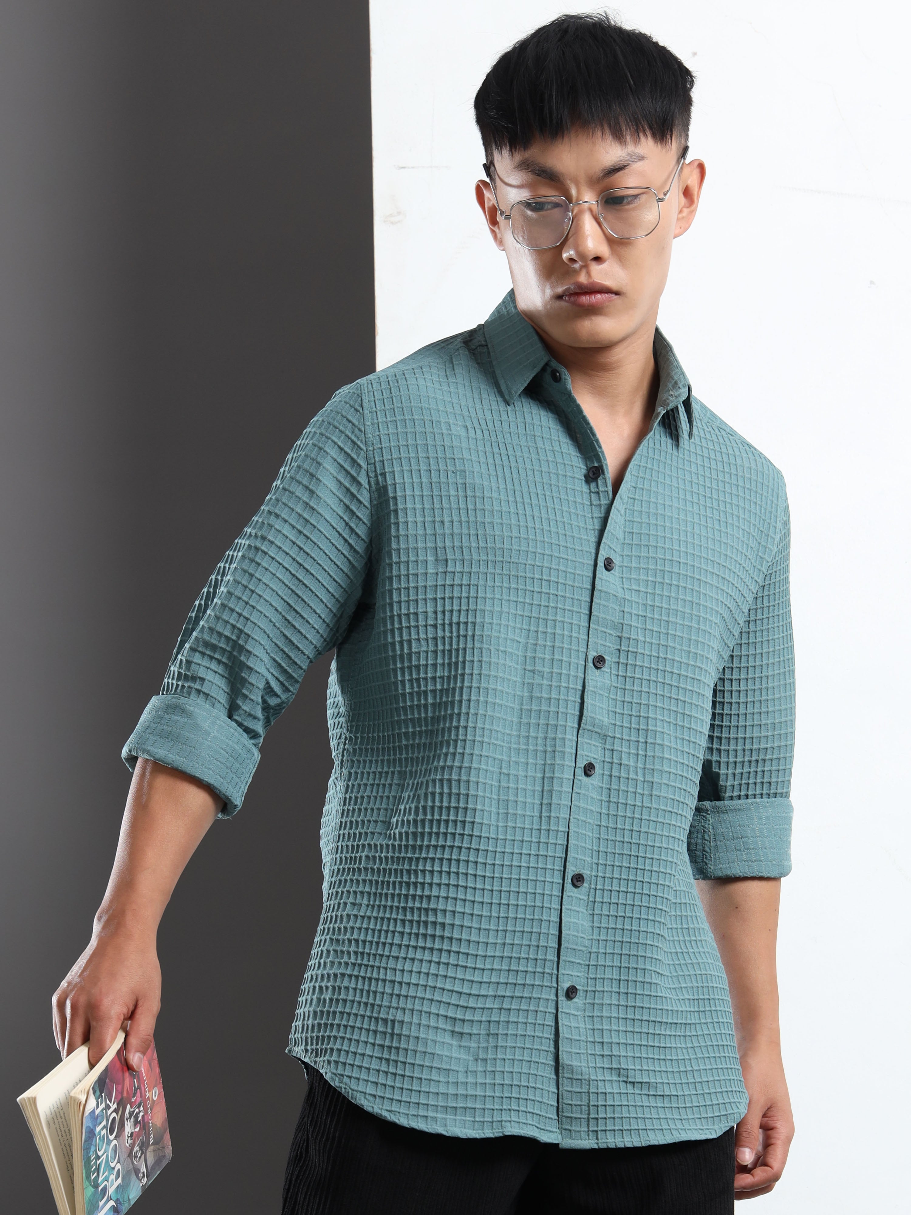 Men’s Teal Textured Grid Casual Shirt