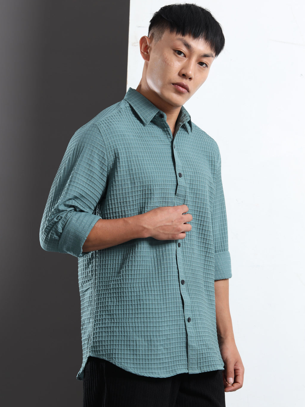 Men’s Teal Textured Grid Casual Shirt