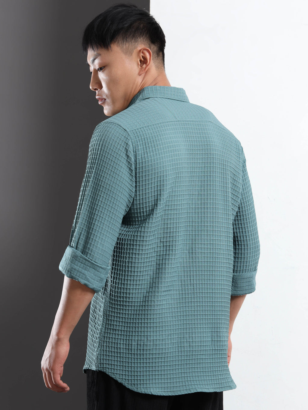 Men’s Teal Textured Grid Casual Shirt