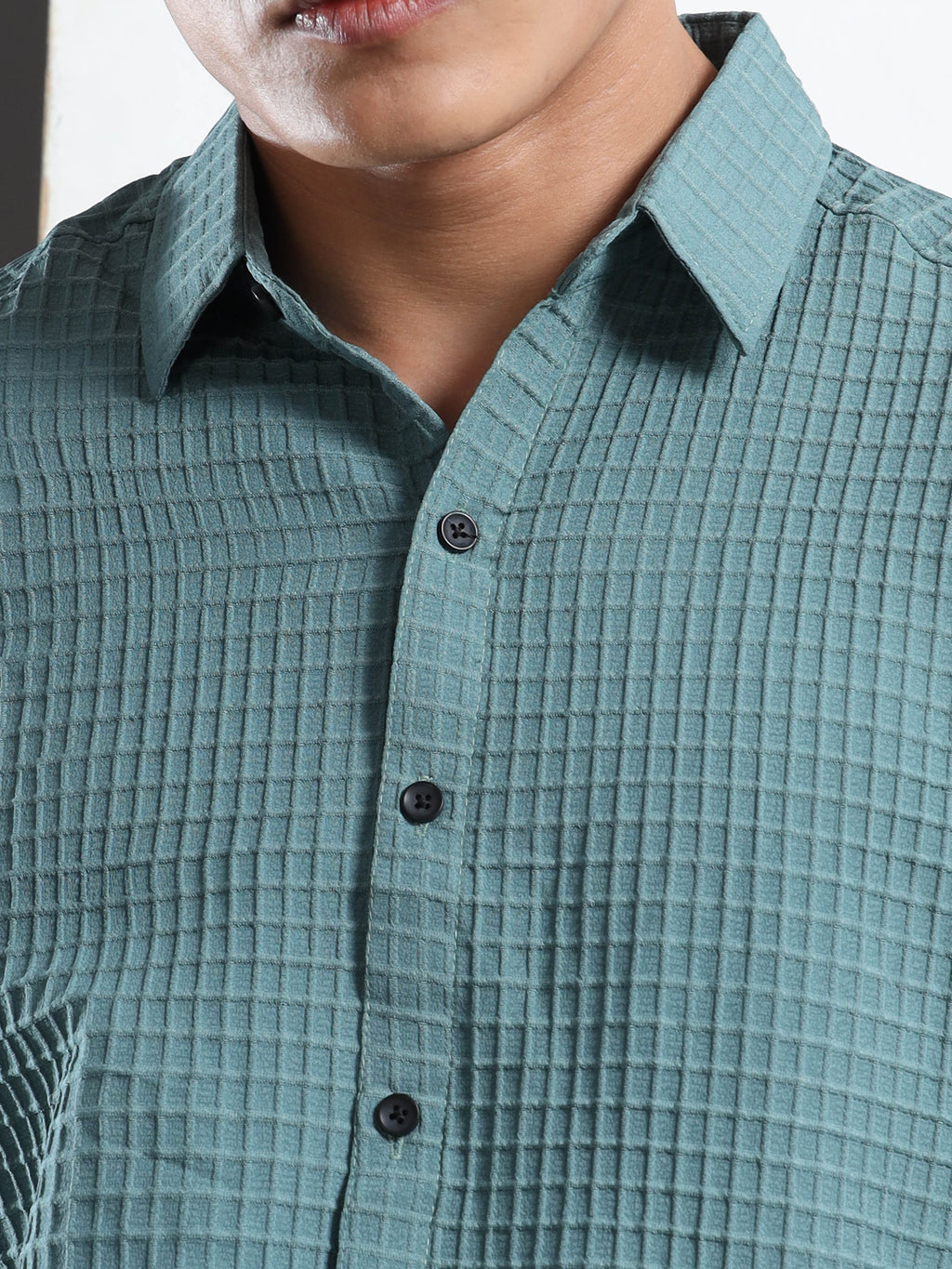 Men’s Teal Textured Grid Casual Shirt