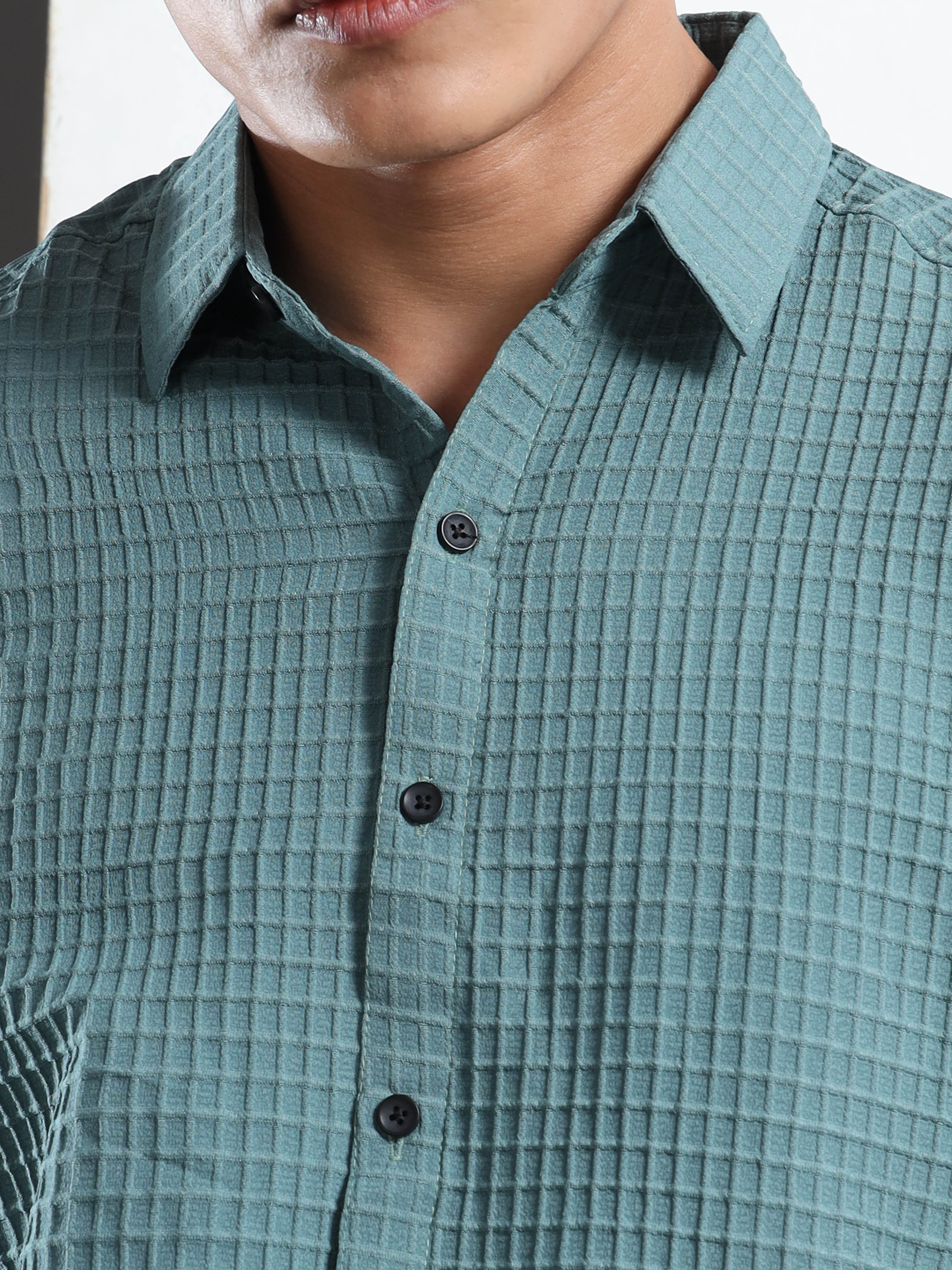 Men’s Teal Textured Grid Casual Shirt