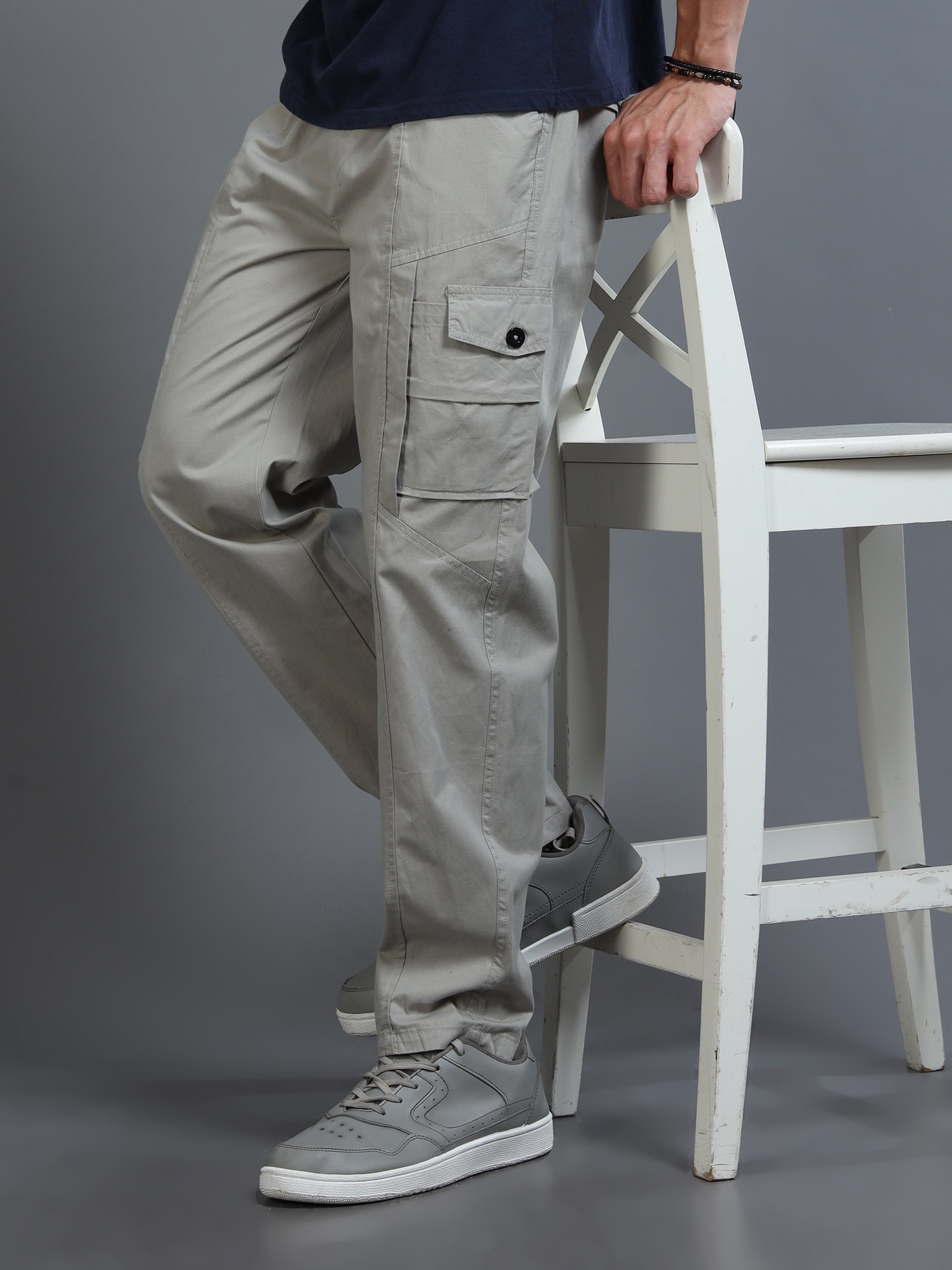 Men Slim Fit Grey Cargo Trousers