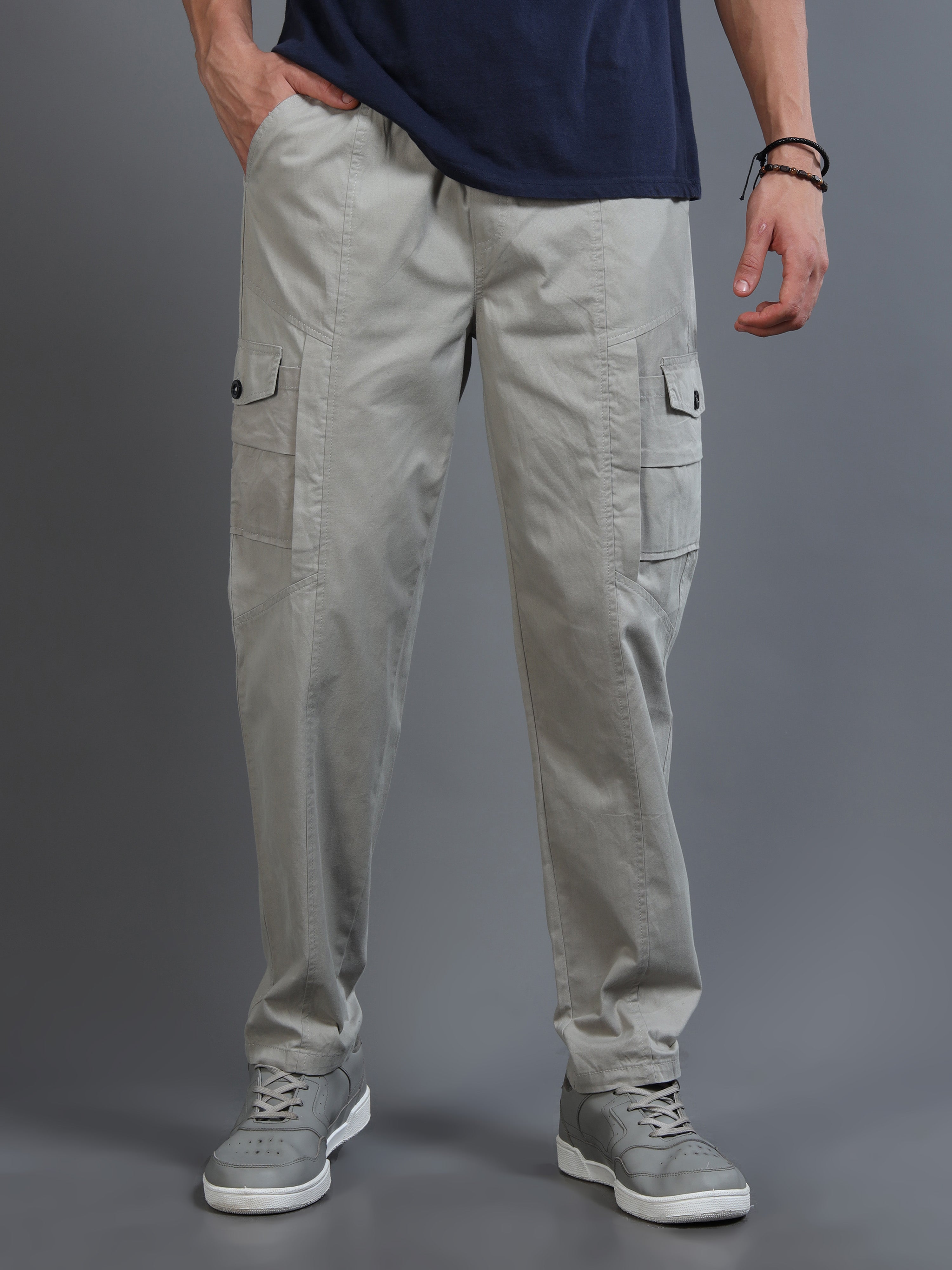 Men Slim Fit Grey Cargo Trousers