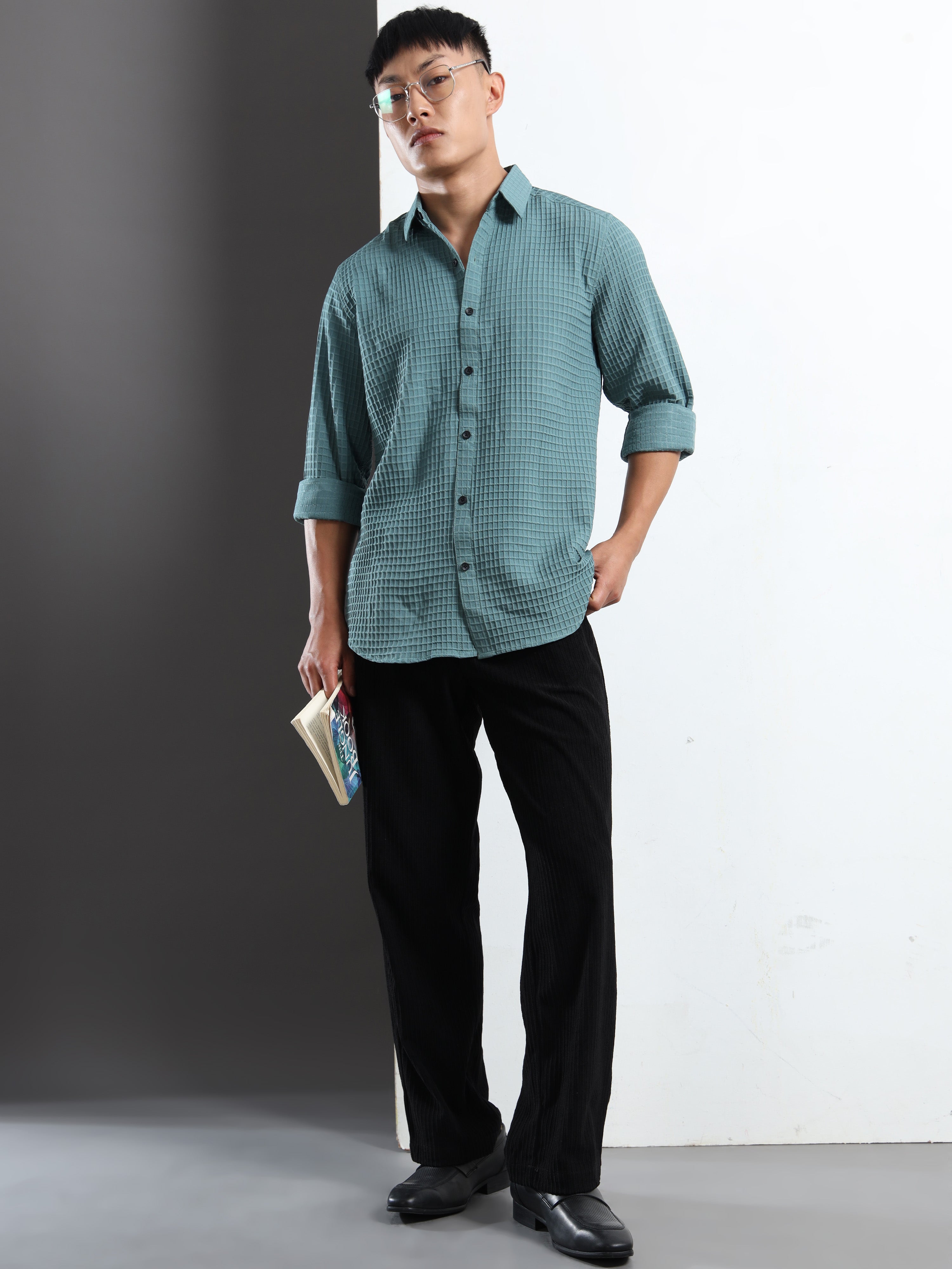 Men’s Teal Textured Grid Casual Shirt
