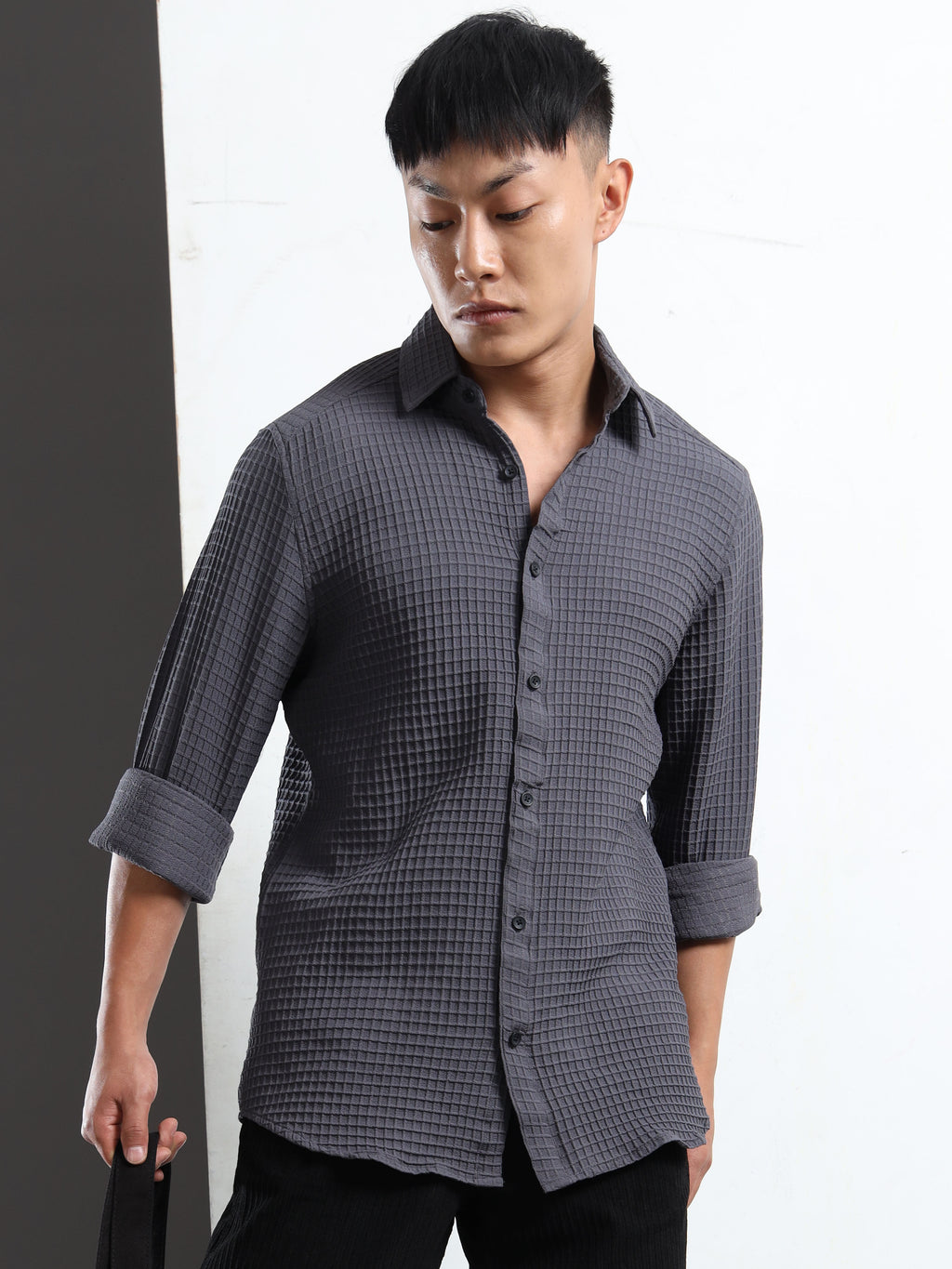 Men’s Grey Textured Grid Casual Shirt