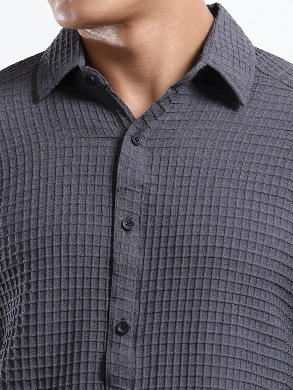 Men’s Grey Textured Grid Casual Shirt