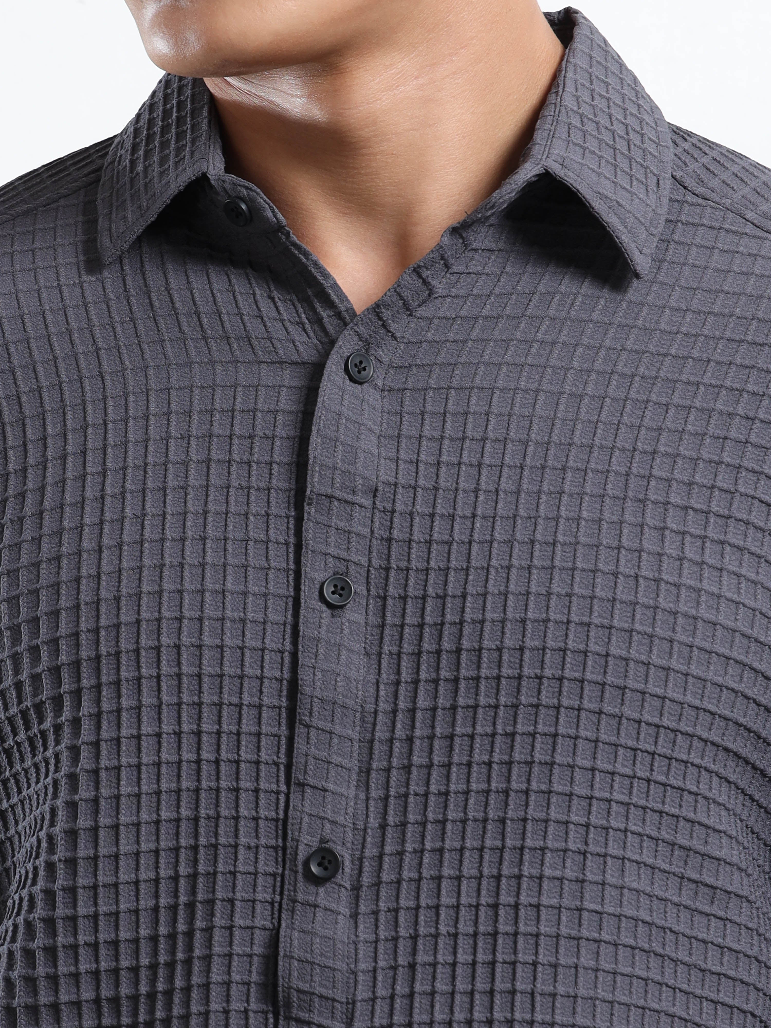 Men’s Grey Textured Grid Casual Shirt