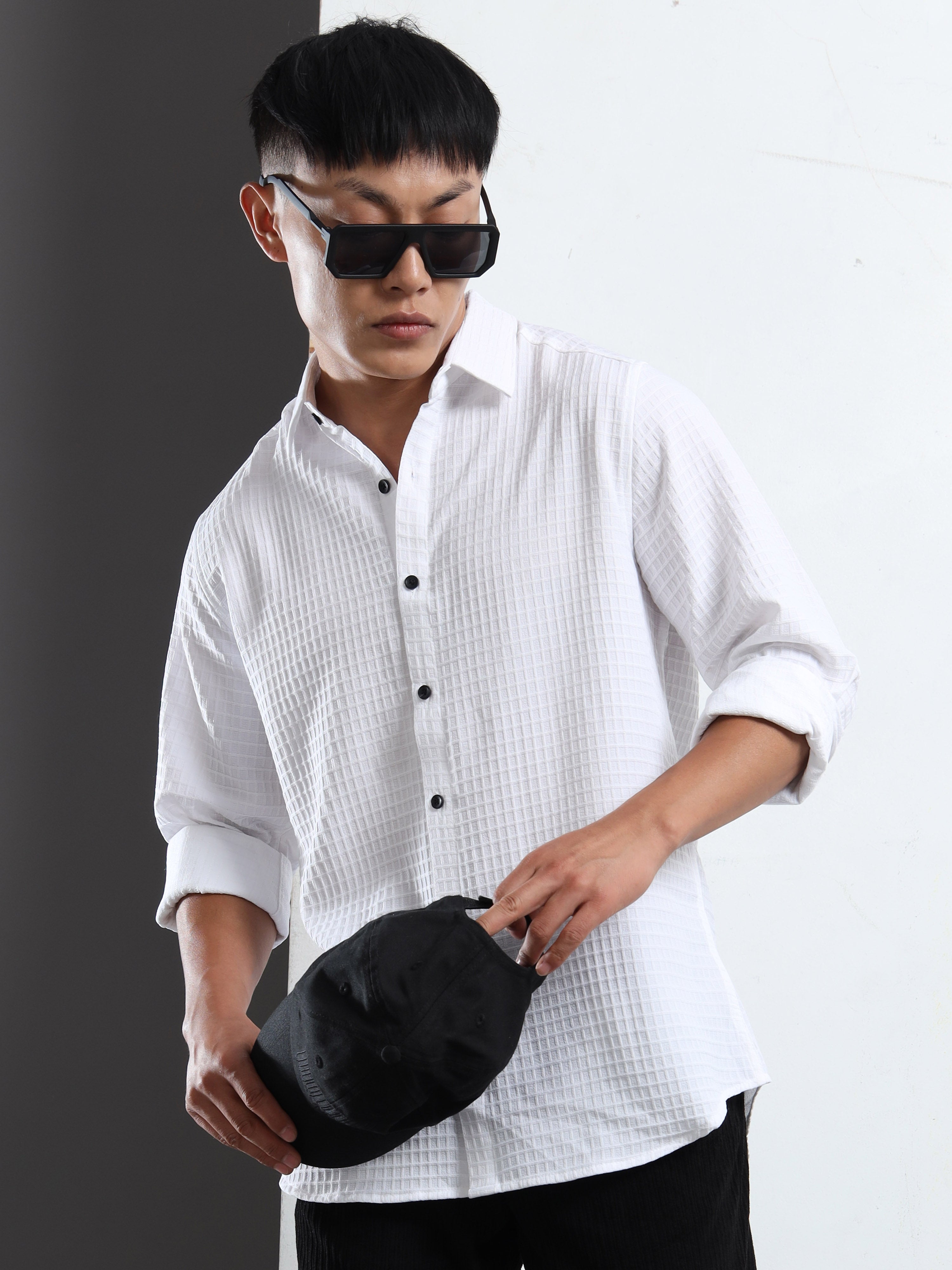Men’s White Textured Grid Casual Shirt