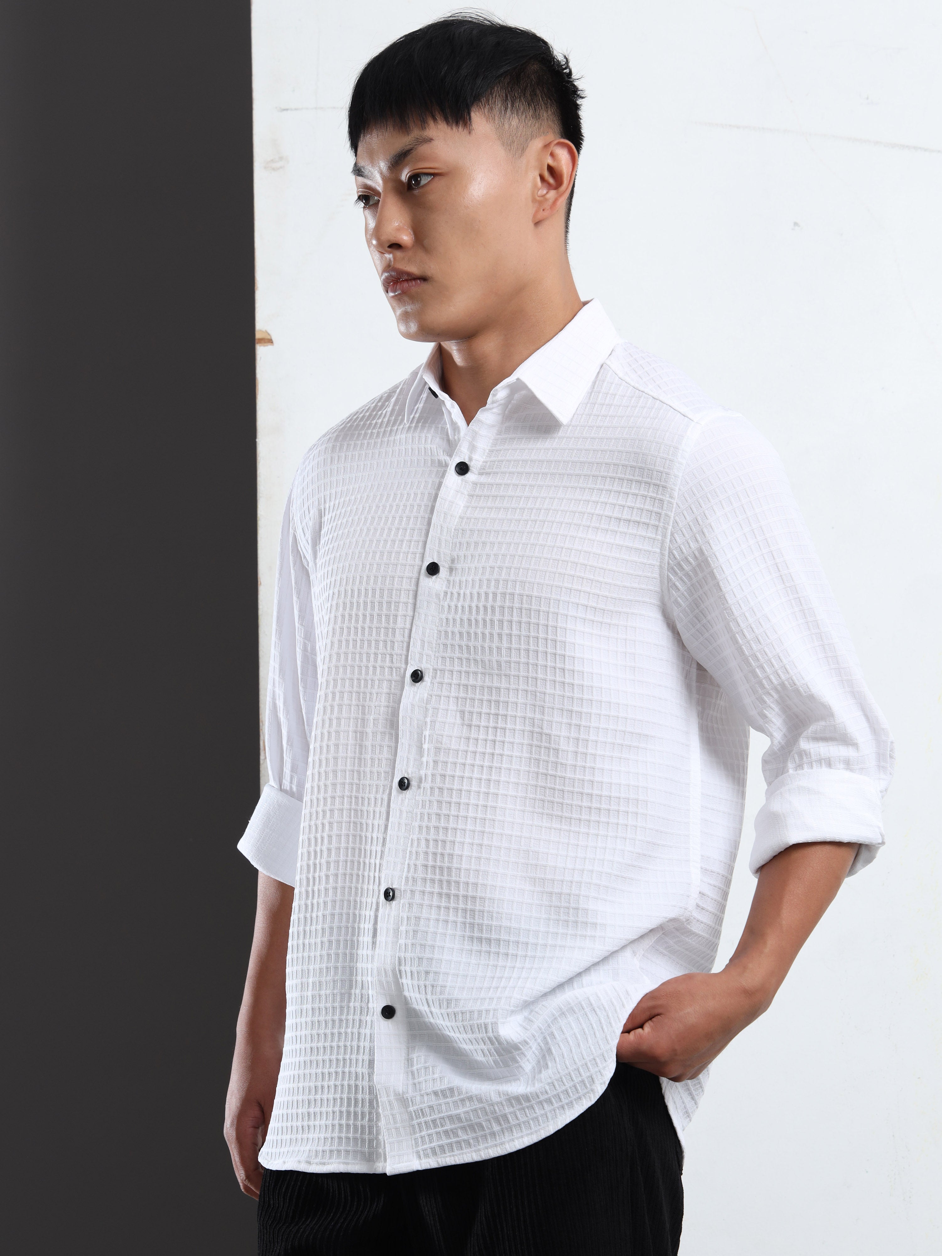 Men’s White Textured Grid Casual Shirt